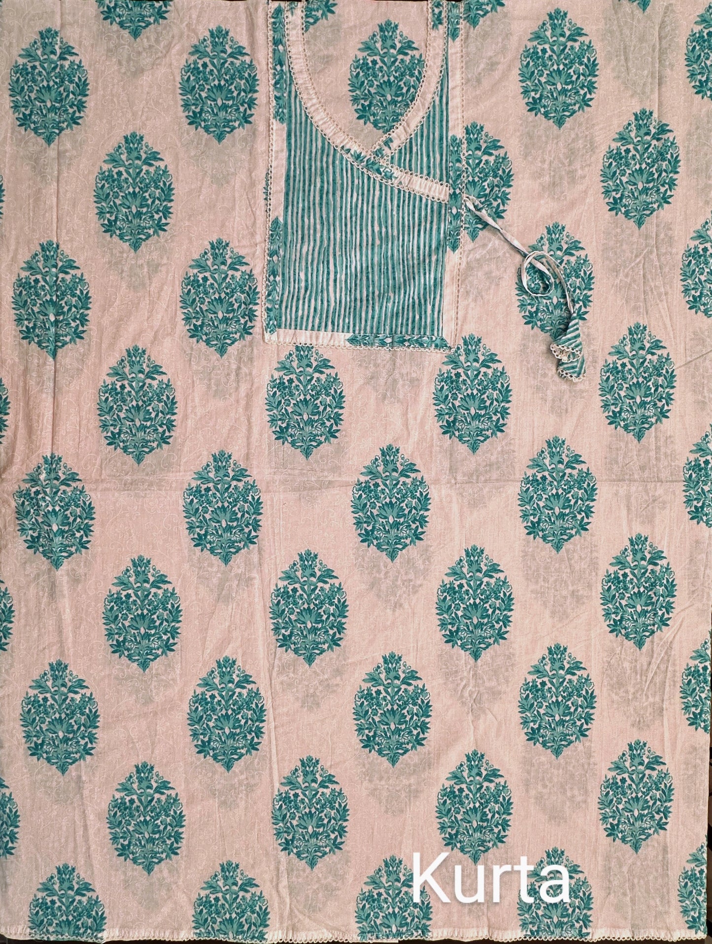 Off White-Firozi Angrakha Printed Cotton 3-Piece Suit