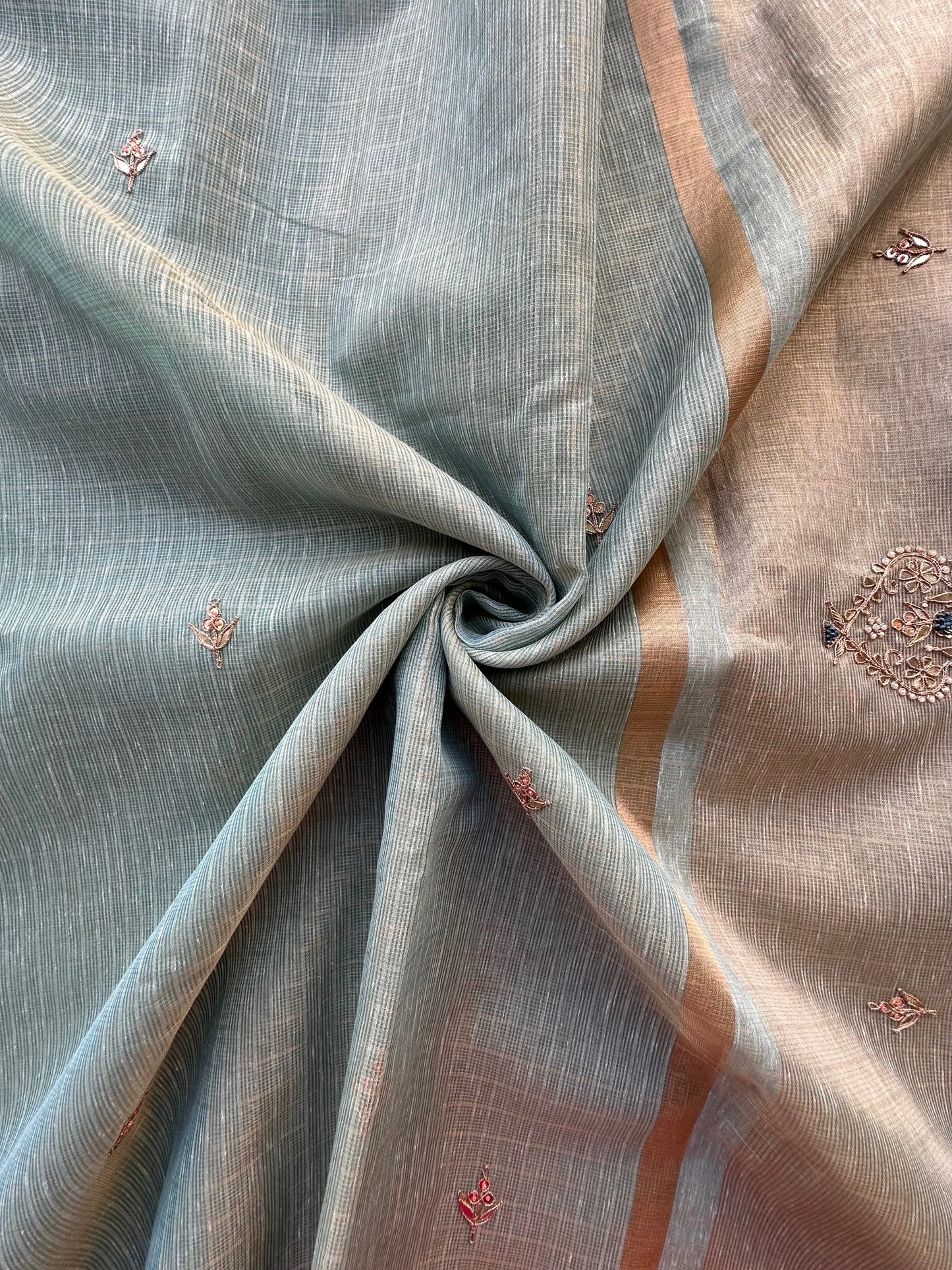 Sea Green Fancy Zari Cotton Saree With Hand Work