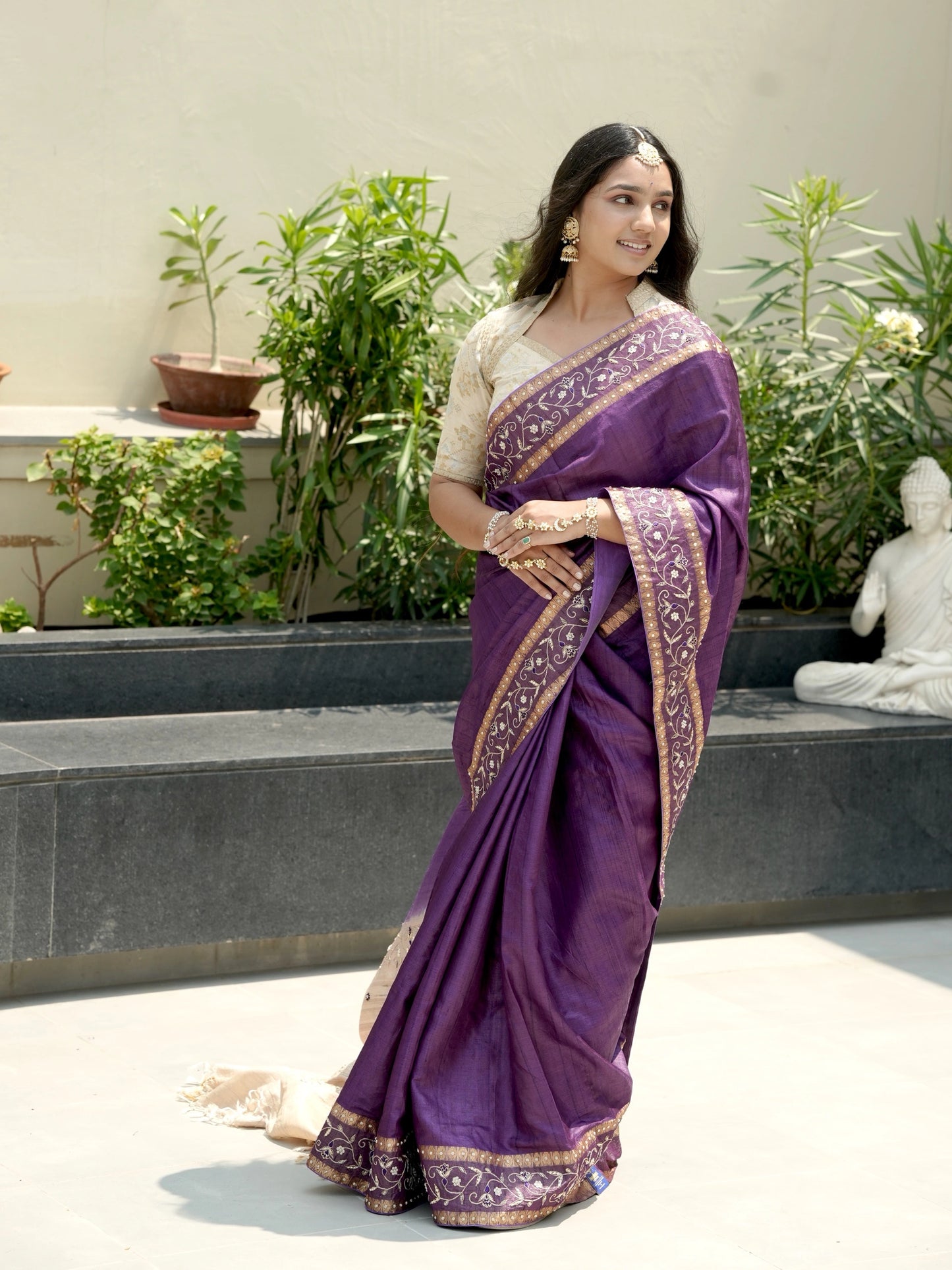 Purple Zardozi Work Pure Tussar Silk Saree