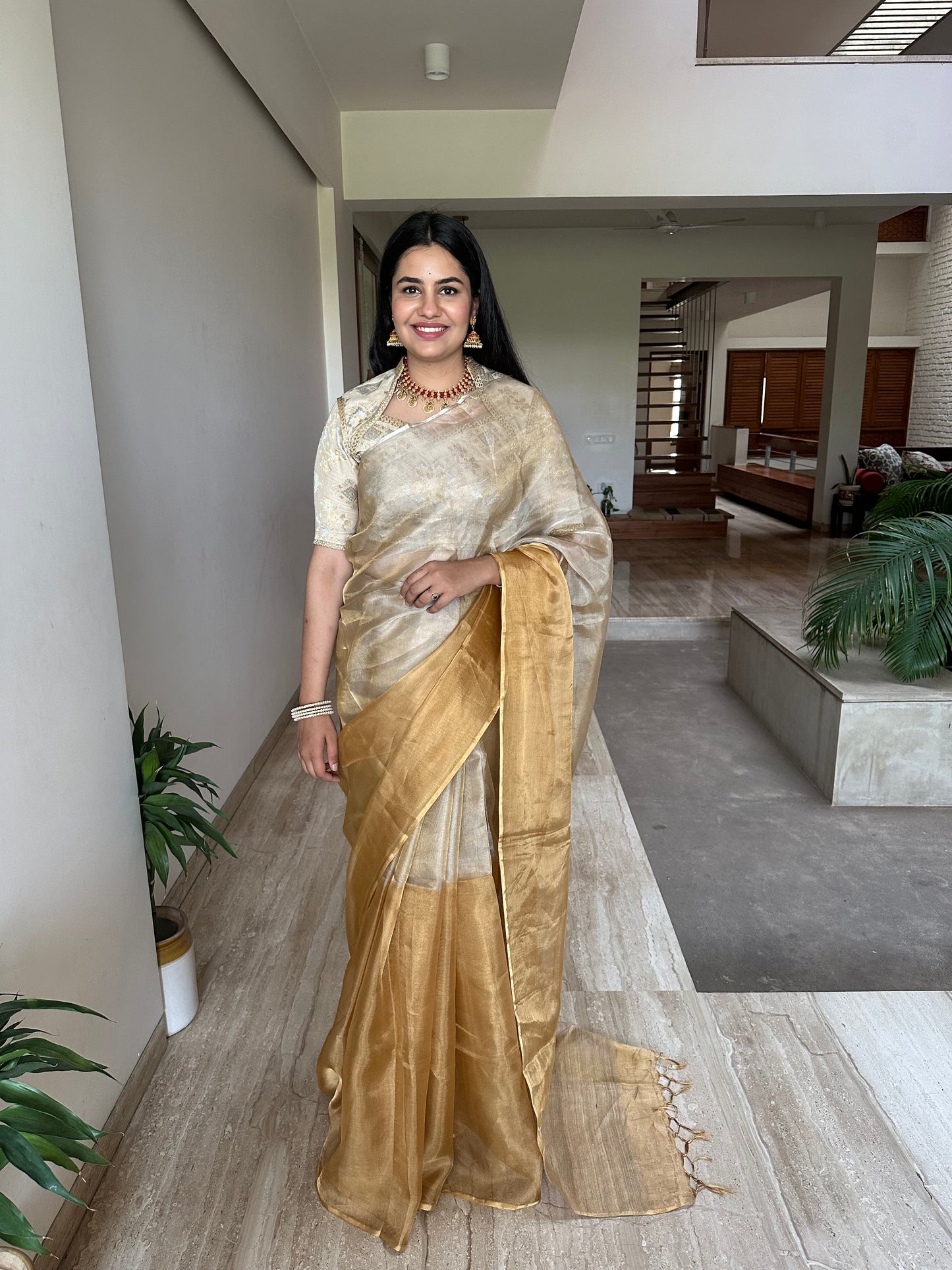 Swarnima Chandrahaas Golden-Silver Tissue Saree