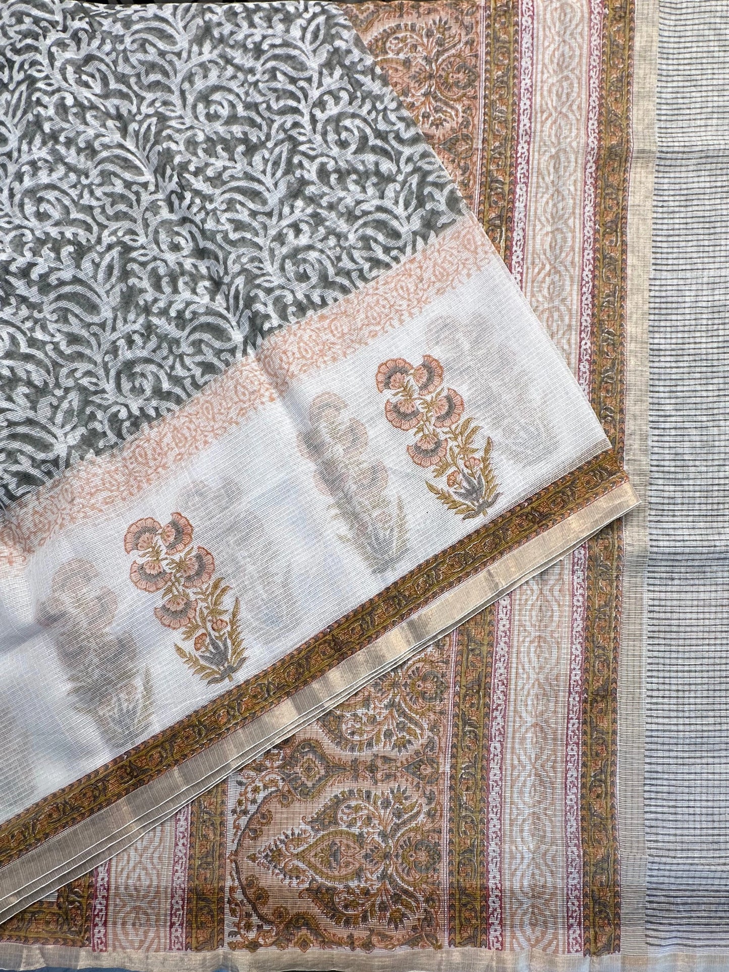 Off White-Dark Grey Block Printed Kota Doria Cotton Saree