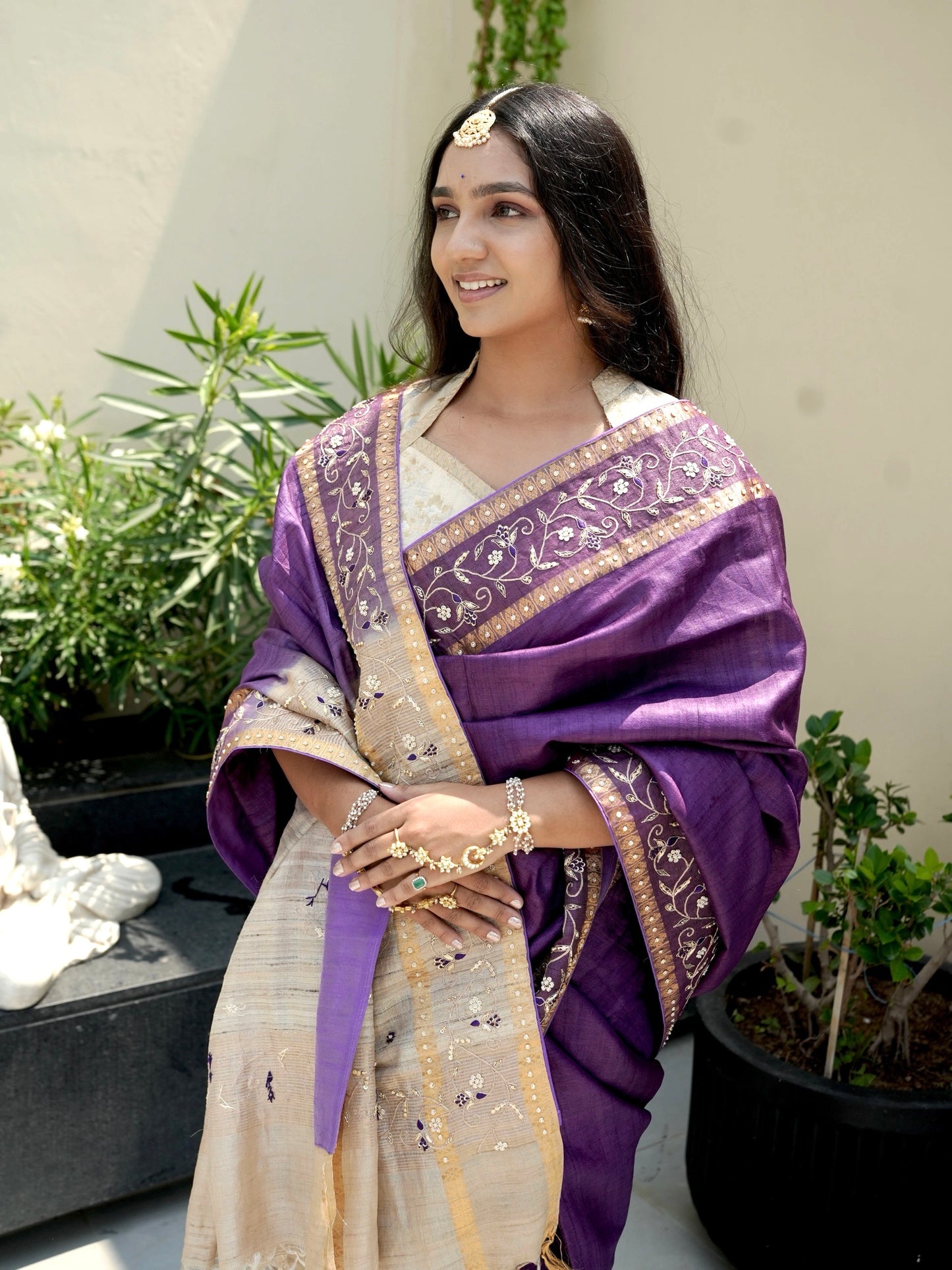 Purple Zardozi Work Pure Tussar Silk Saree