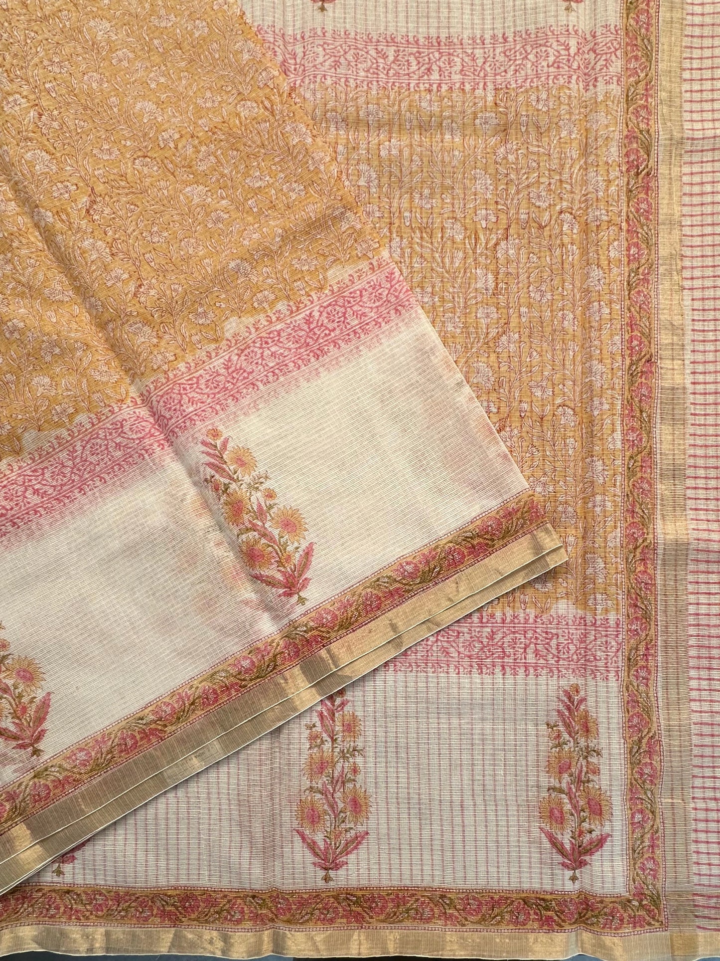 Off White Block Printed Kota Doria Cotton Saree