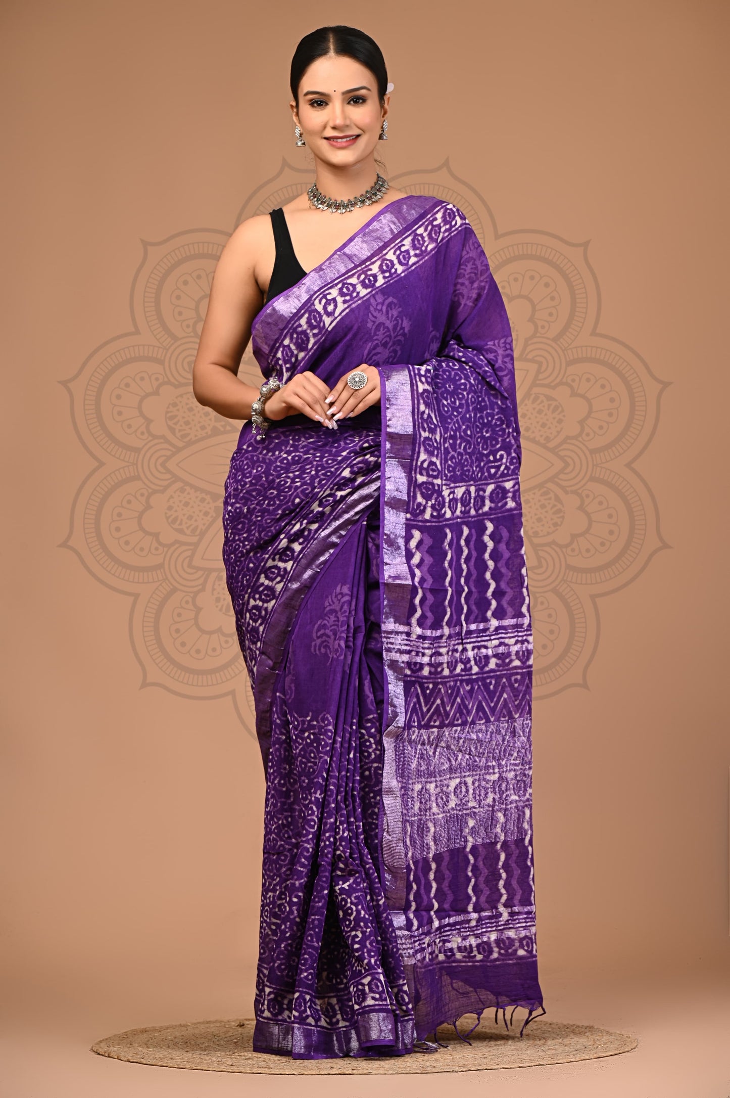 Purple Hand Block Printed Linen Saree