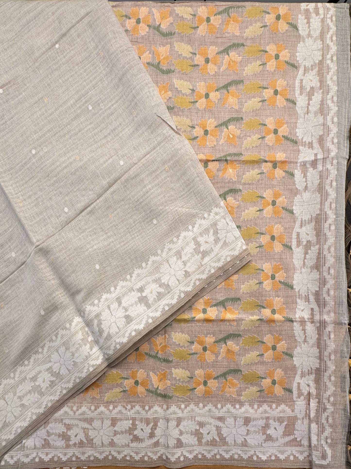 Beige-Yellow Floral Weave Fancy Cotton Saree