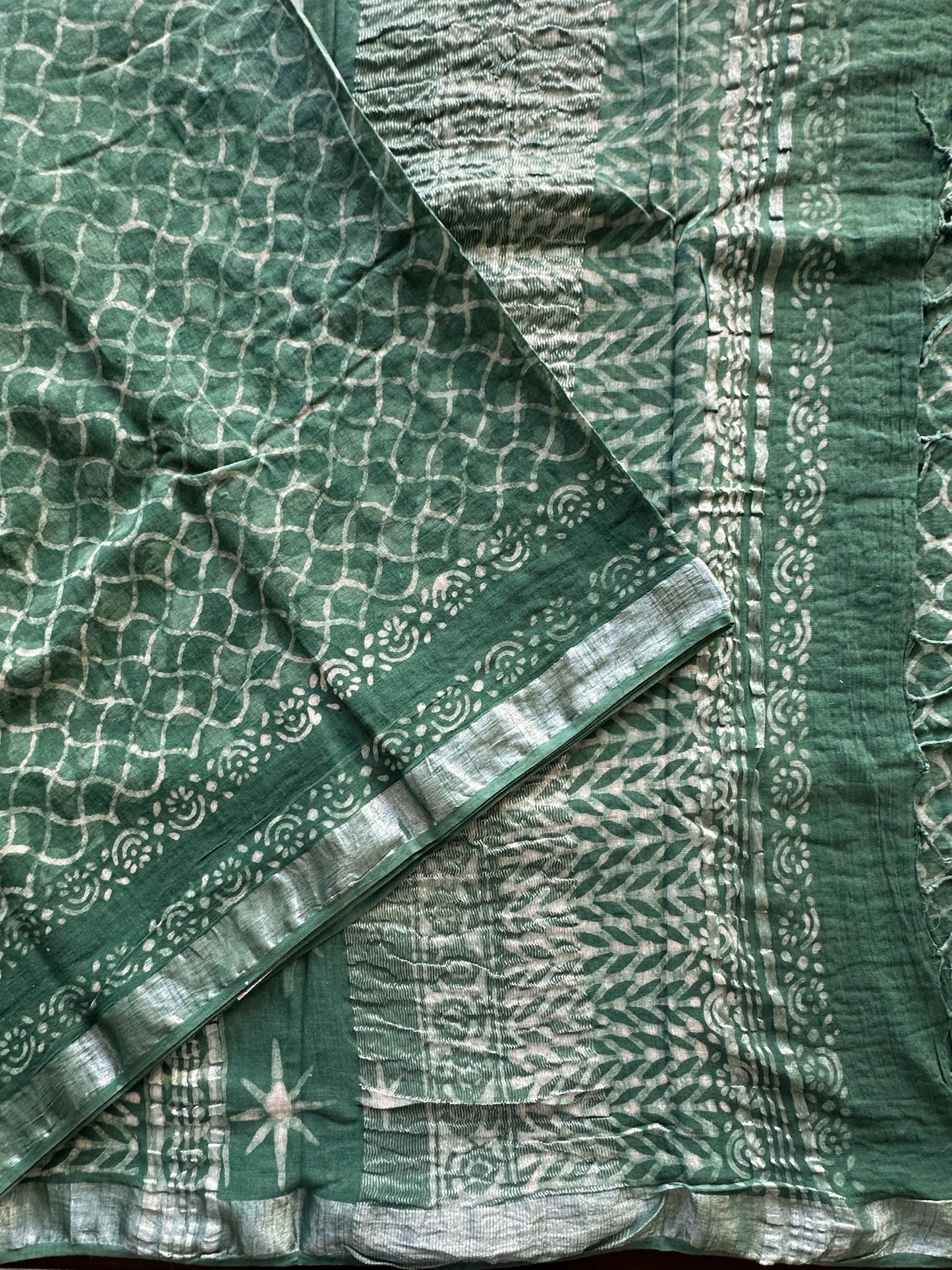 Pista Green Hand Block Printed Linen Saree