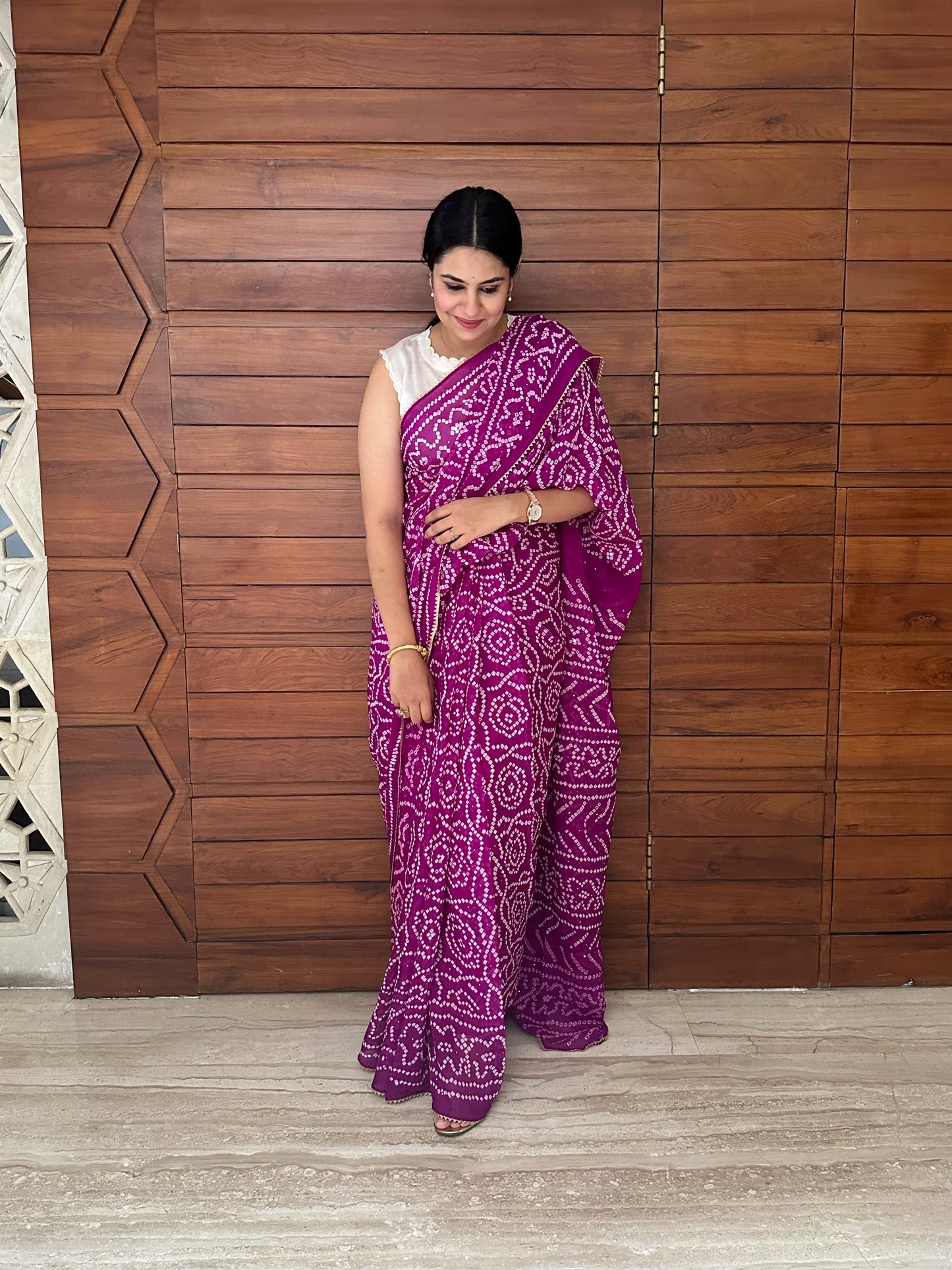 Purple Bandhej Chinon Saree