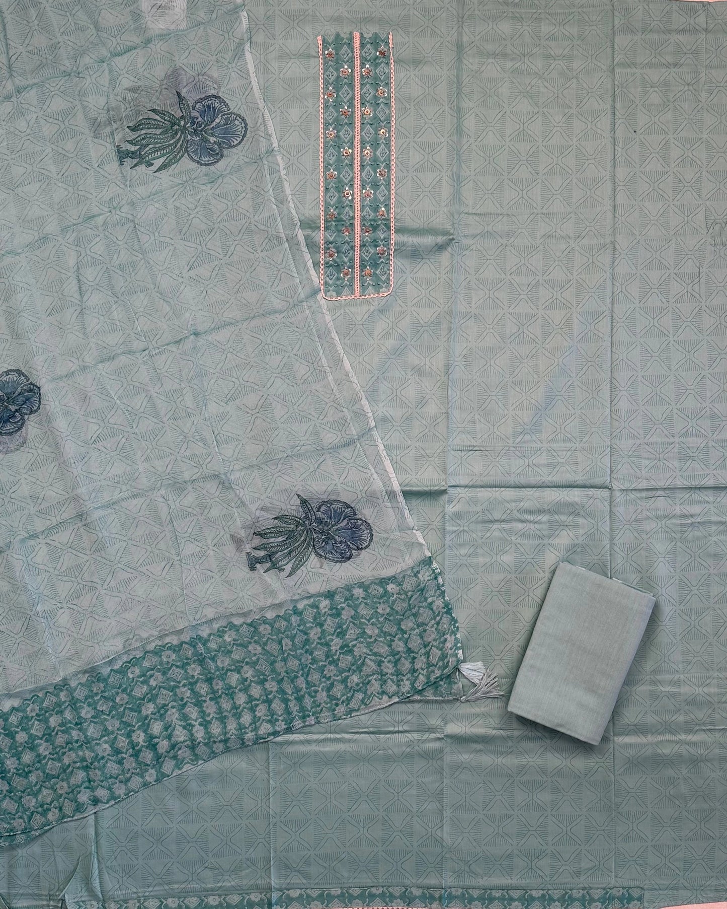 Sea Green Jaipuri Cotton 3-peice Suit