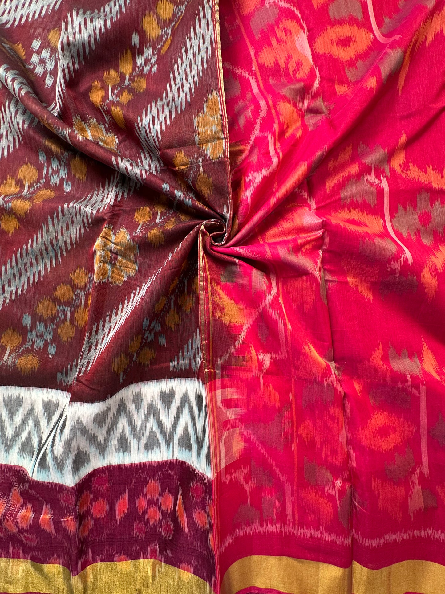 Wine-Rani Ikkat Kosa Cotton Silk Saree