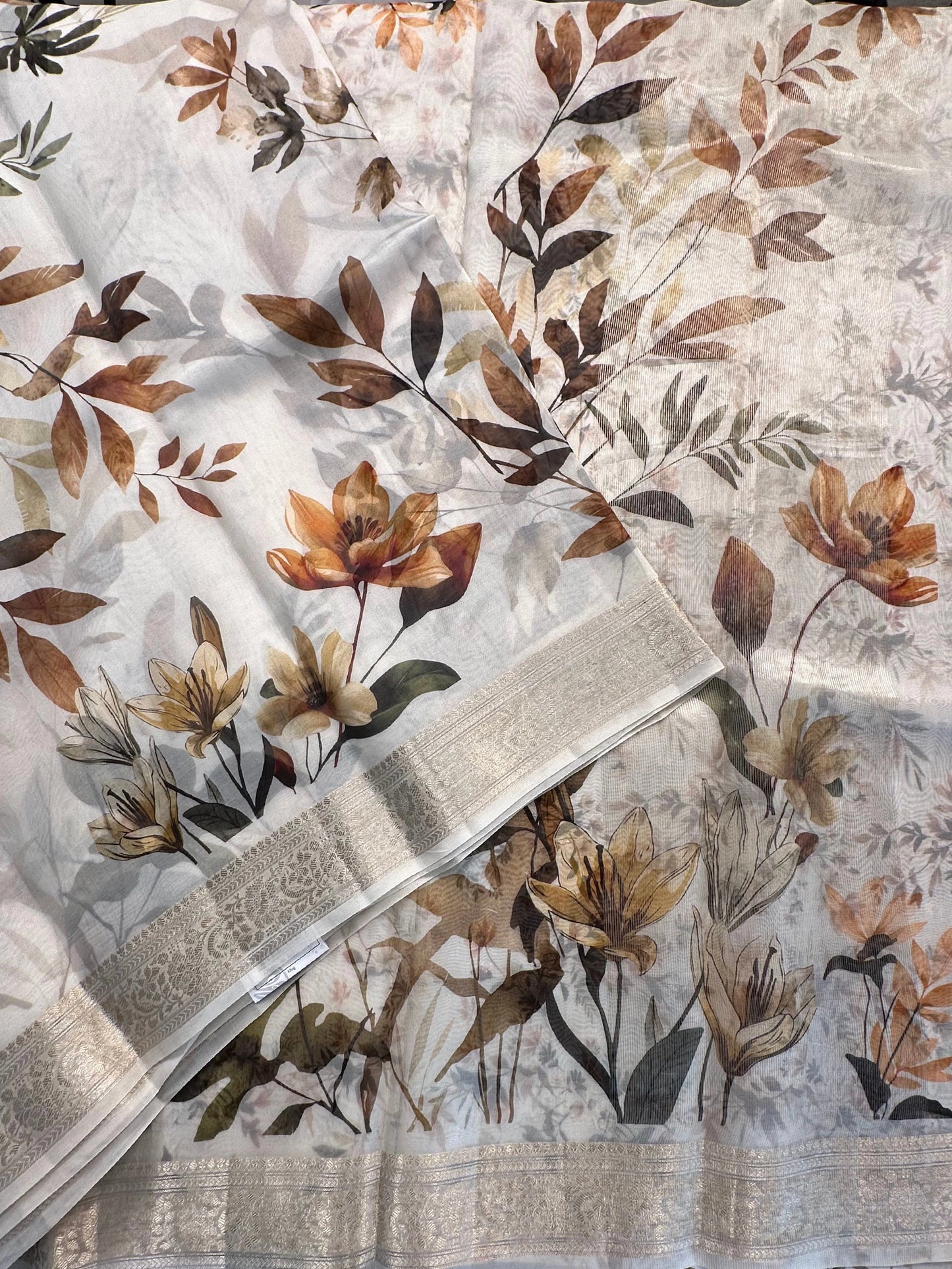 Off White - Multi Floral Print Organza Saree