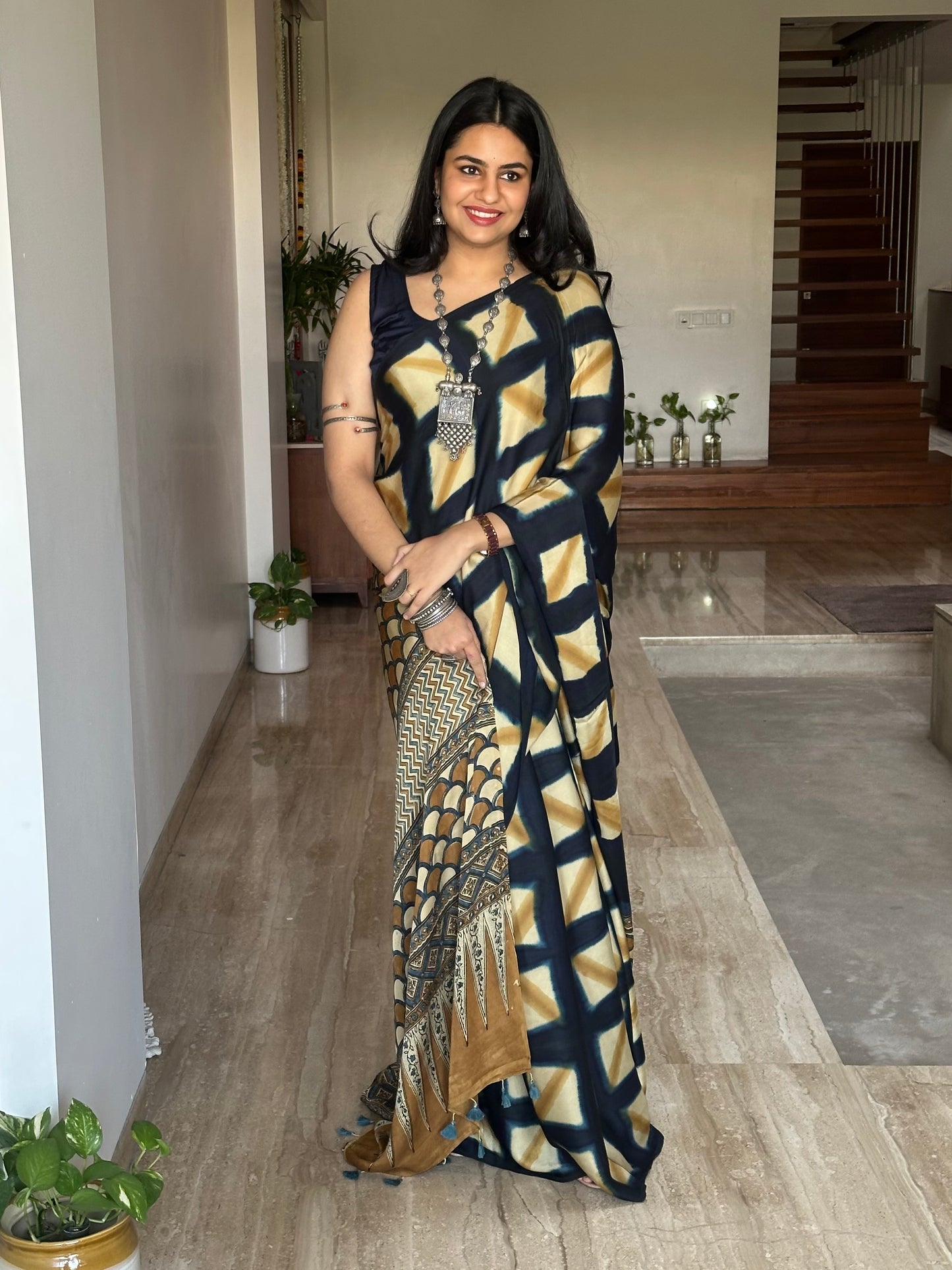 Black Indigo-Mustard Ajrakh Blended Modal Saree