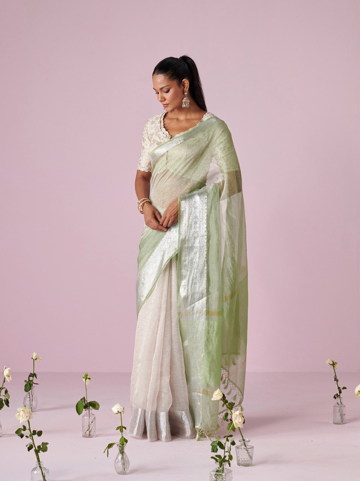 Pista Green Pure Tissue Crush Saree