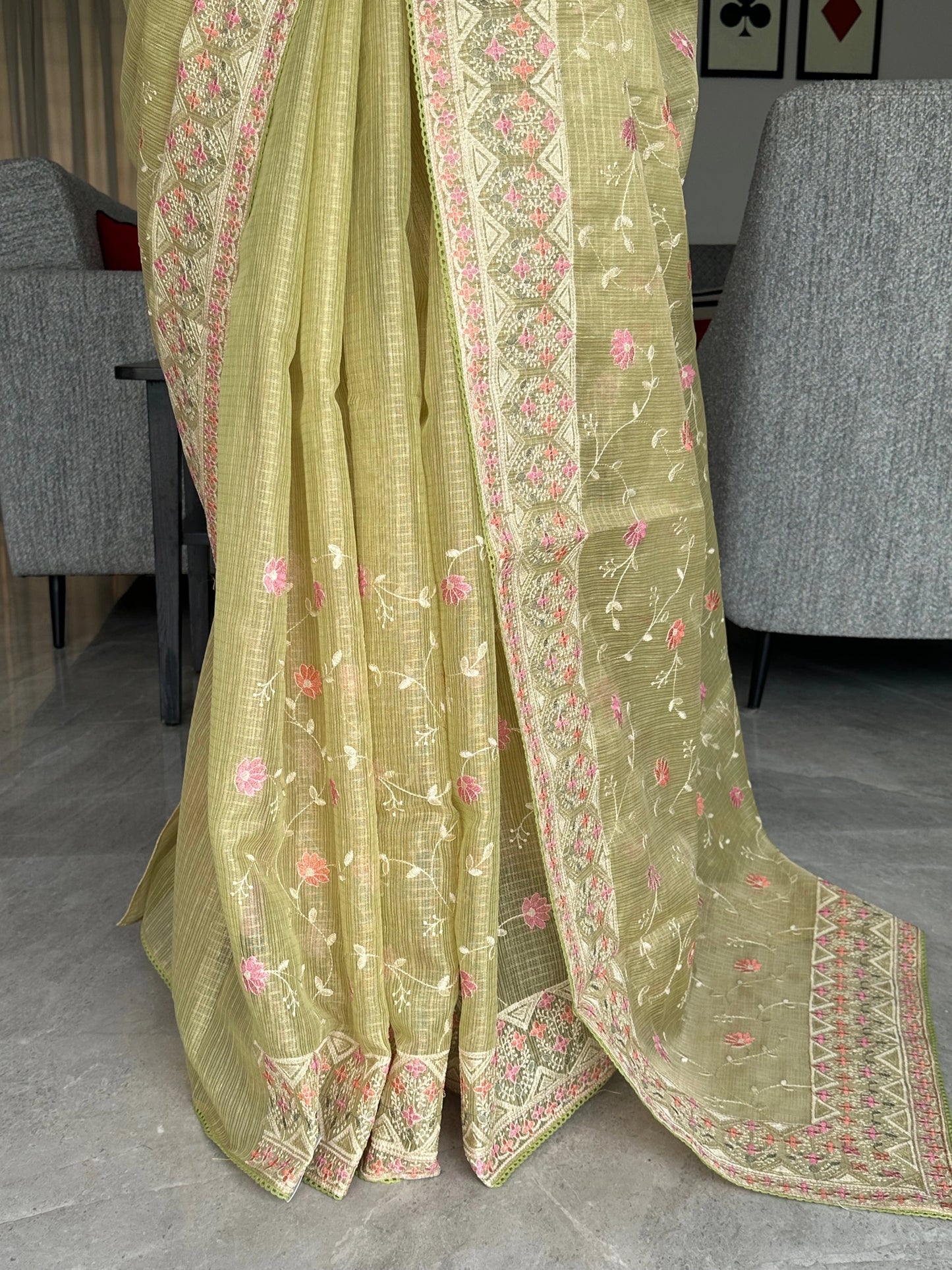 Parrot Green Fancy Tissue Saree