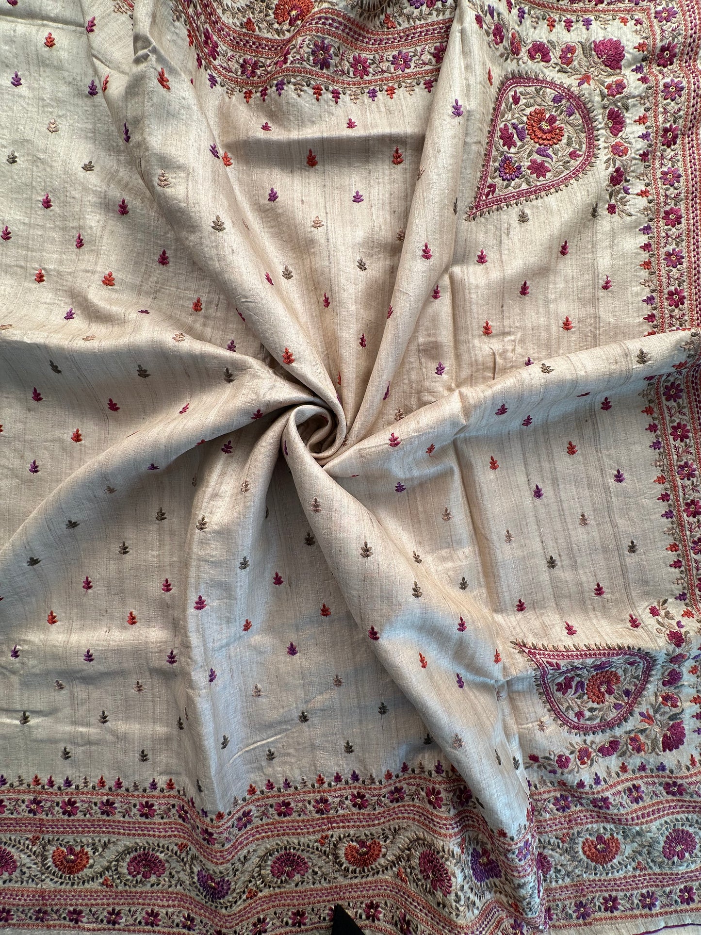 Beige Pure Tussar Silk Saree With Embroidery