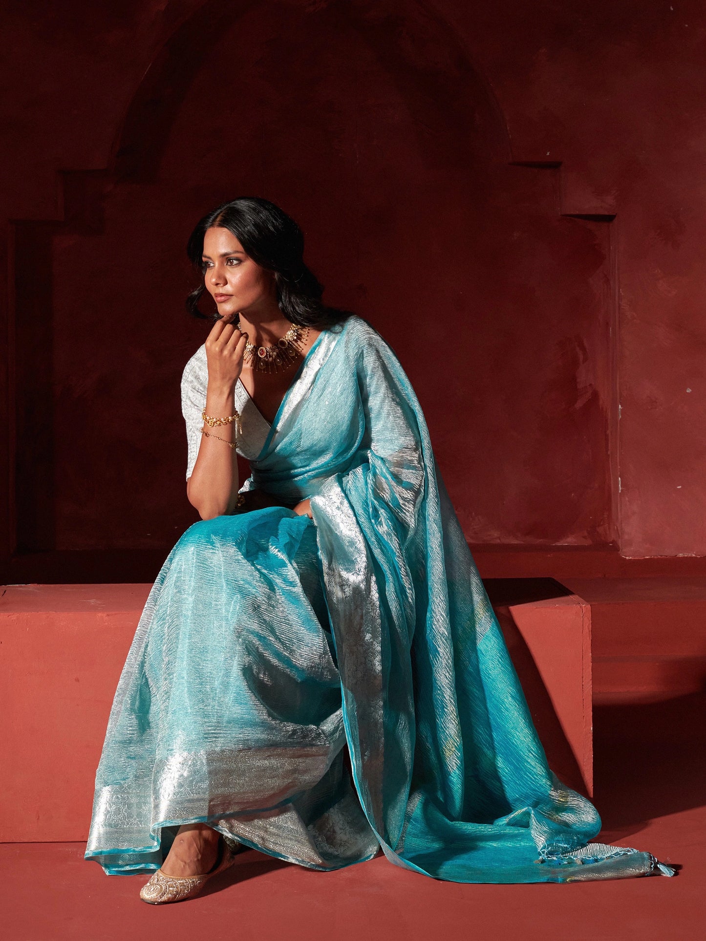 Firozi Pure Crush Tissue Saree