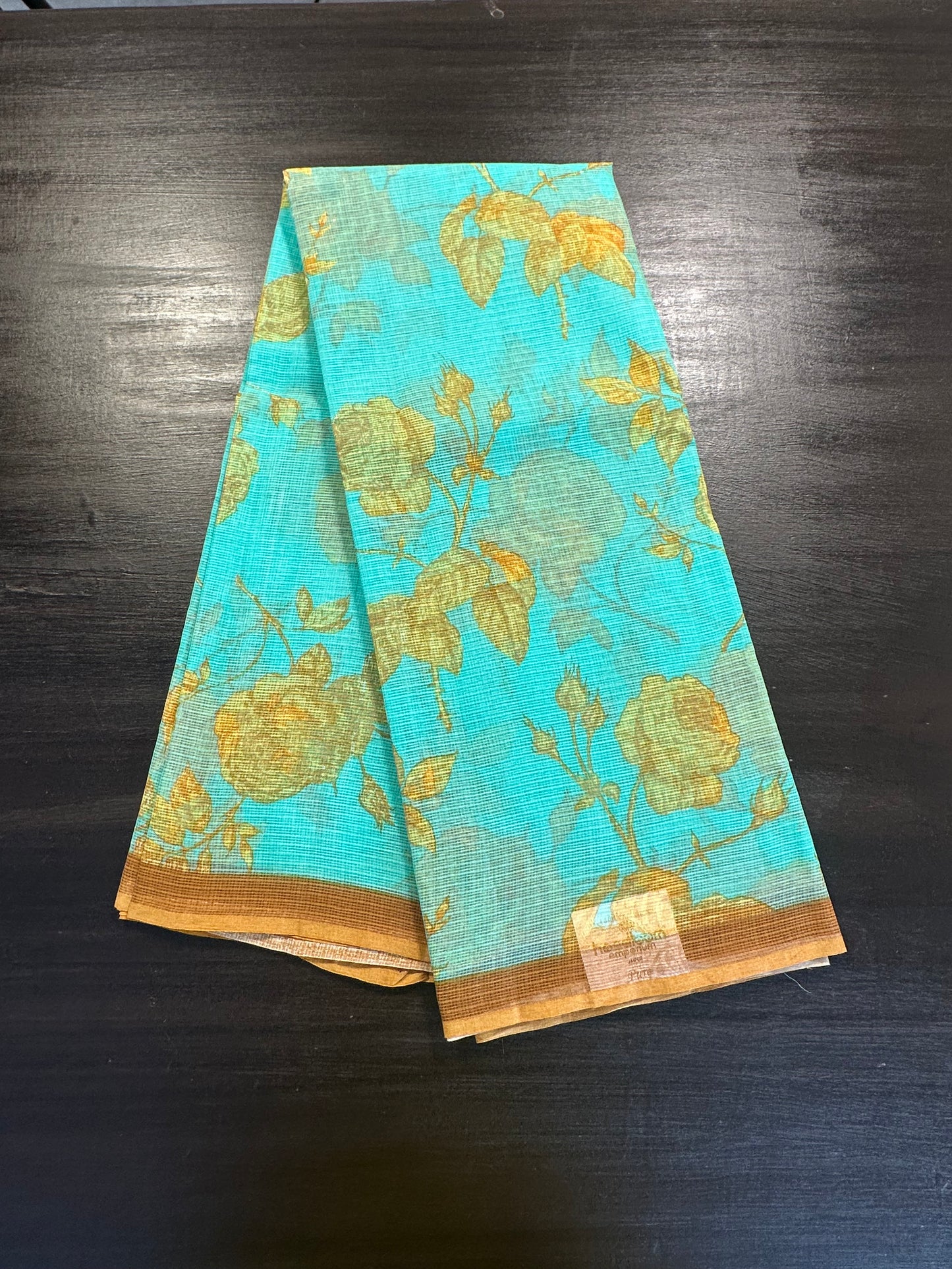 Sea Green Floral Print Kota Doria Cotton Saree