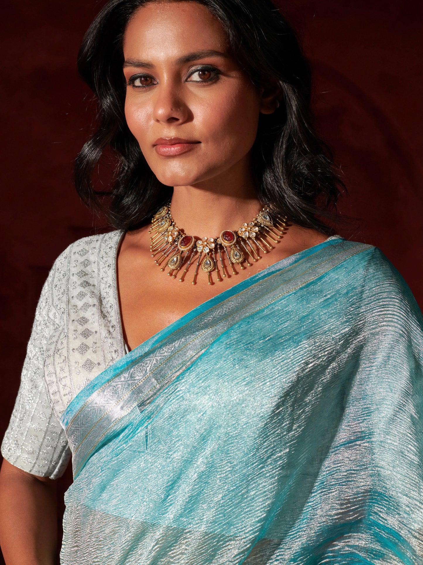 Firozi Pure Crush Tissue Saree