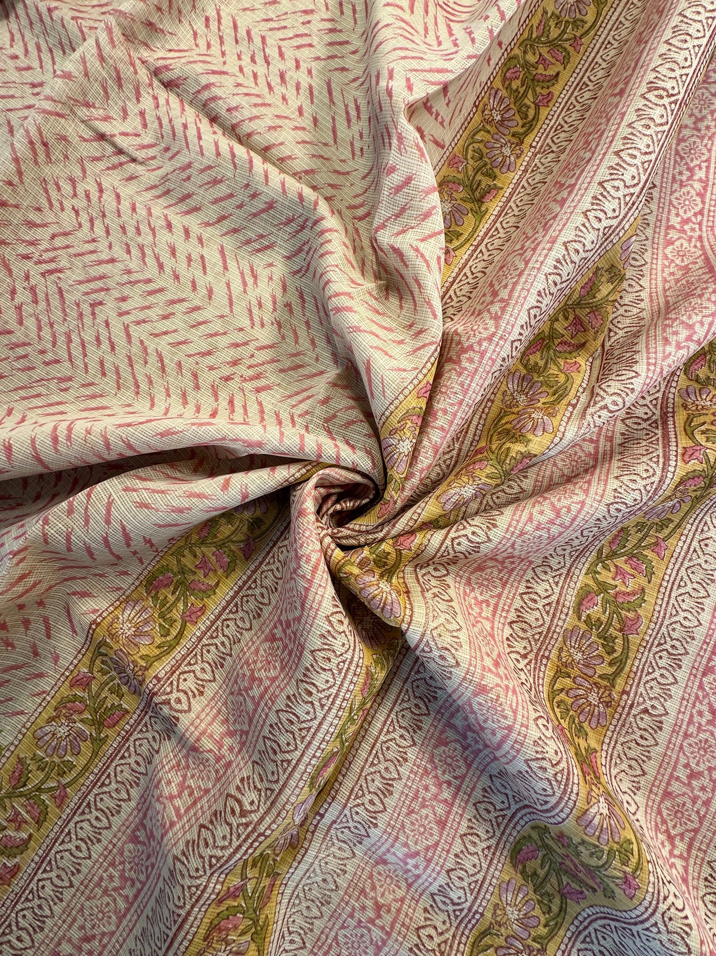 Beige Block Print Kota Doria Cotton Saree