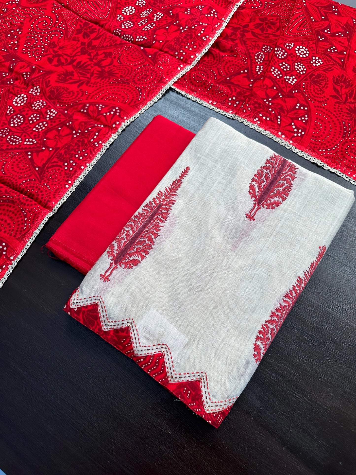 Beige-Red Block Printed Fancy Cotton Suit