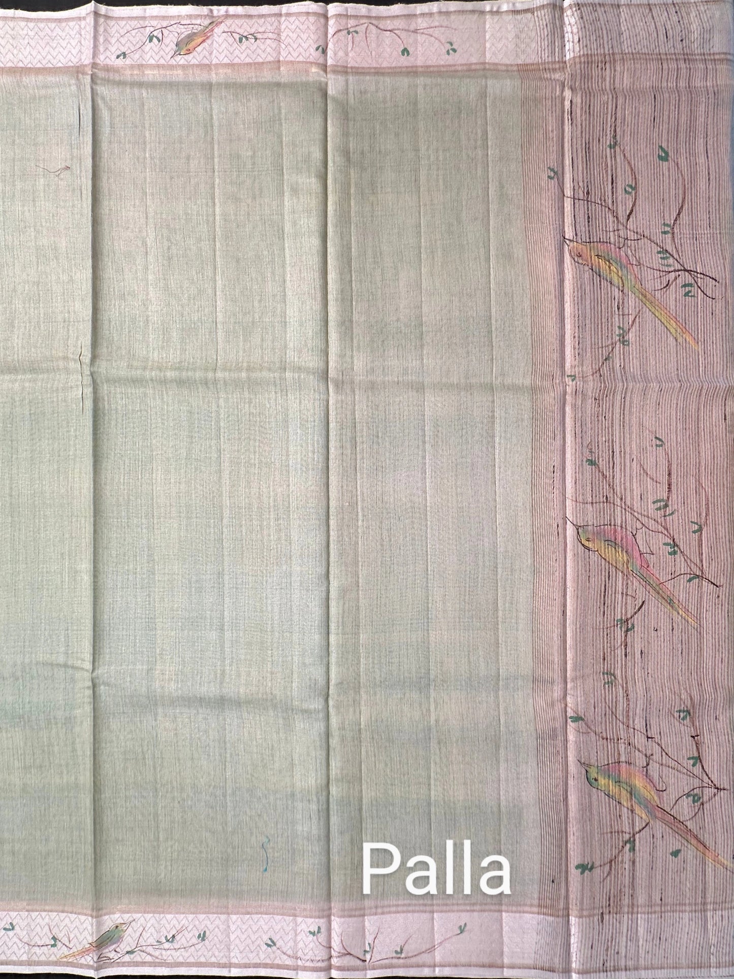 Pista Green Hand Print Muga Silk Saree