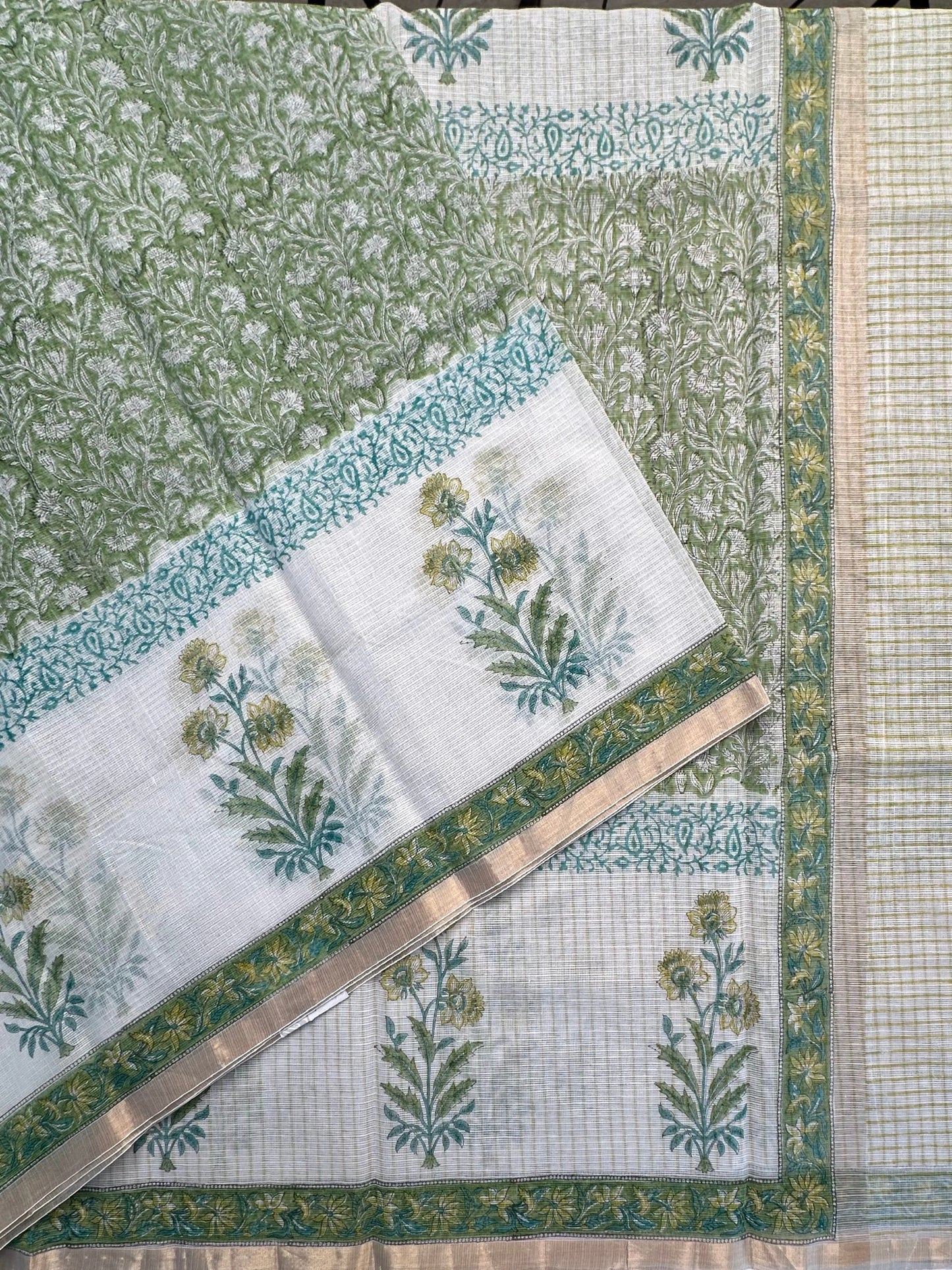 Off White- Green Block Printed Kota Doria Cotton Saree