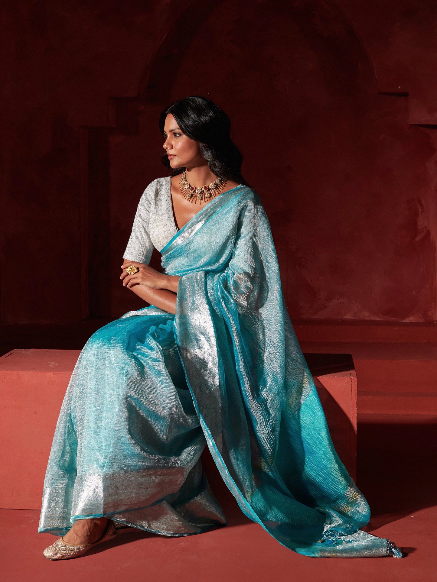 Firozi Pure Crush Tissue Saree