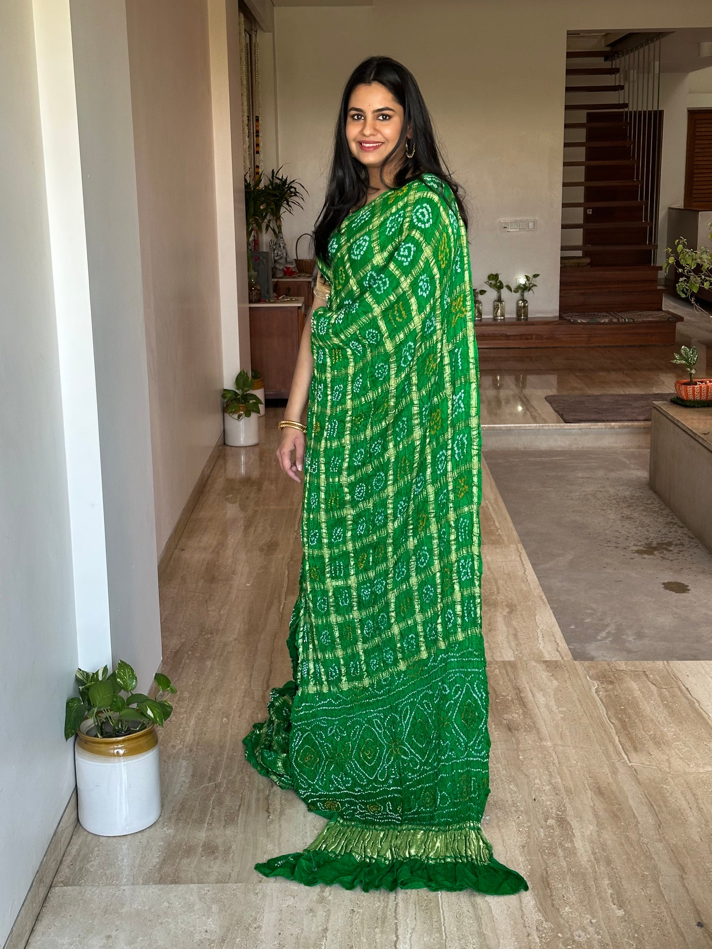 Green Gharchola Bandhej Gajji Silk Saree