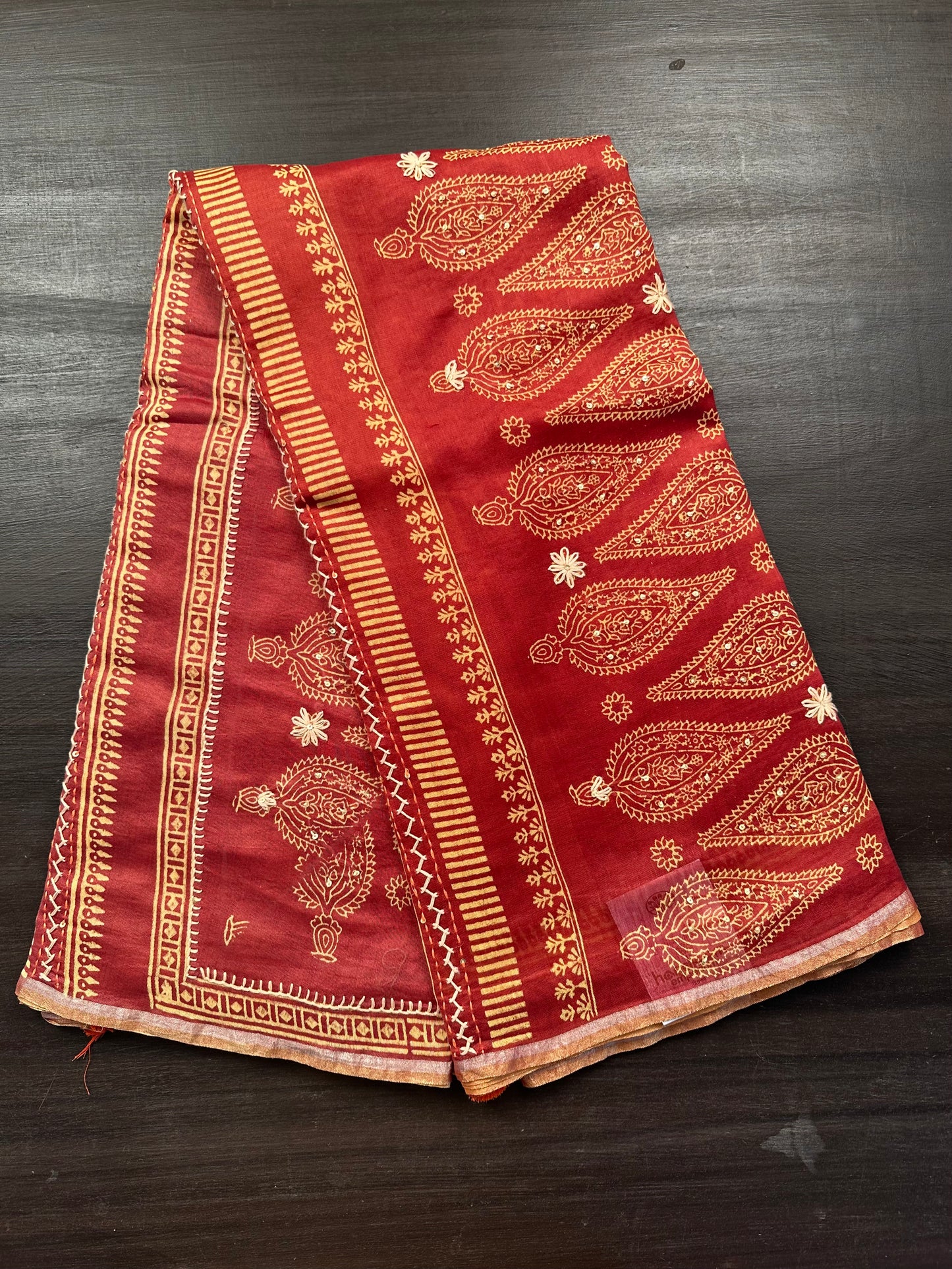 Rust-Maroon Block Print Chanderi Saree With Kaantha Stitches