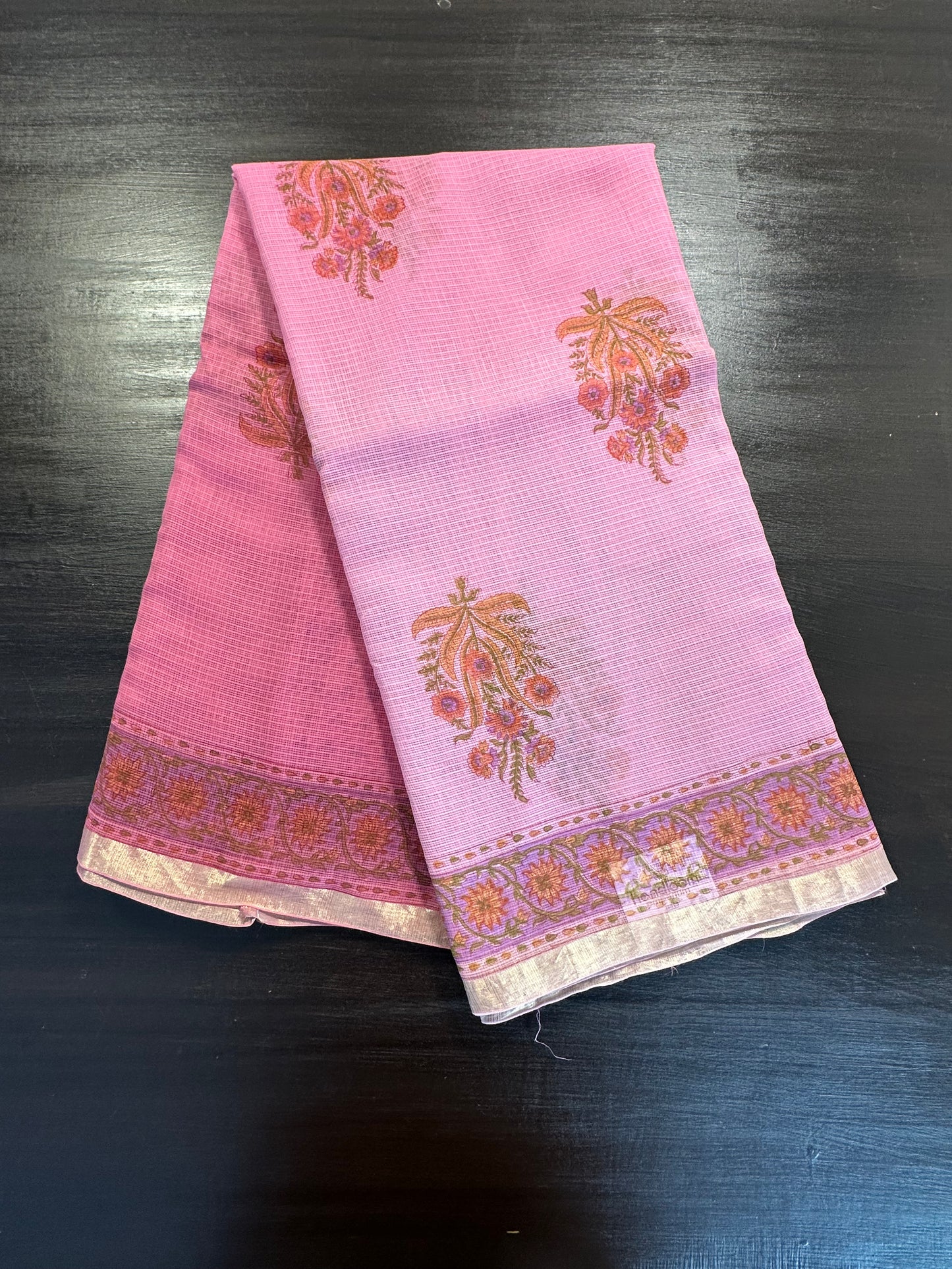 Pink Block Print Kota Doria Cotton Saree