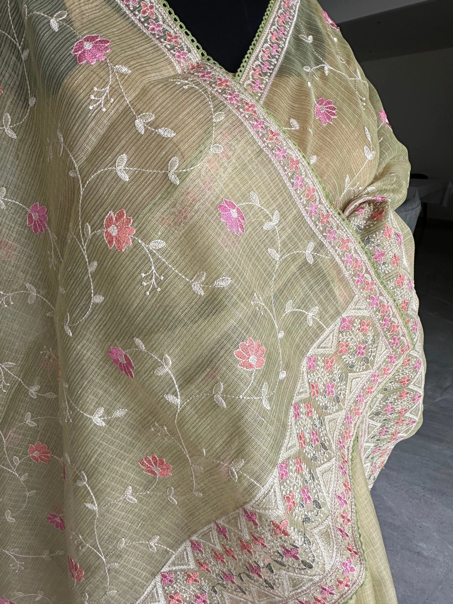 Parrot Green Fancy Tissue Saree