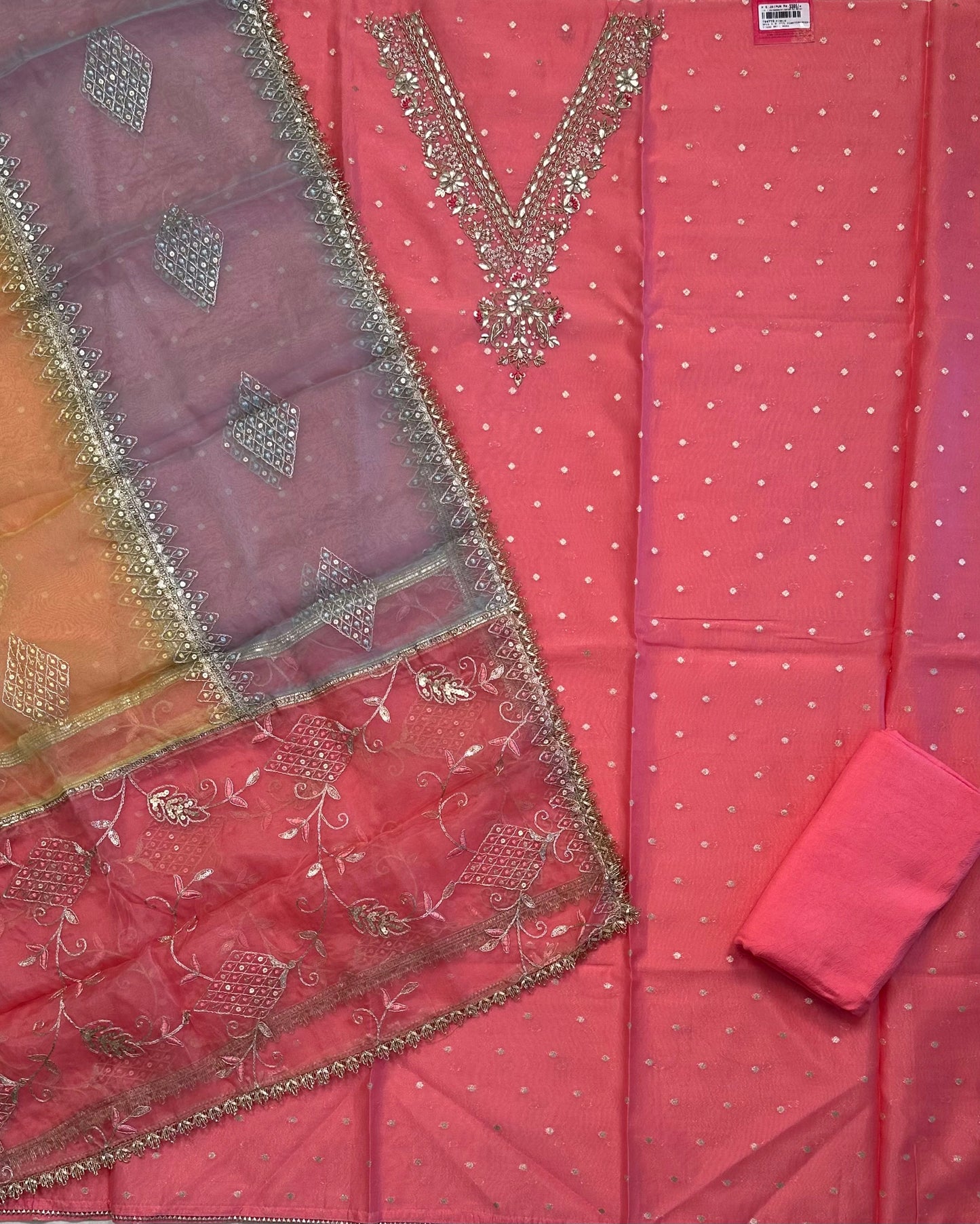 Pink Tissue Neck Work Chanderi Unstitched 3-Piece Suit