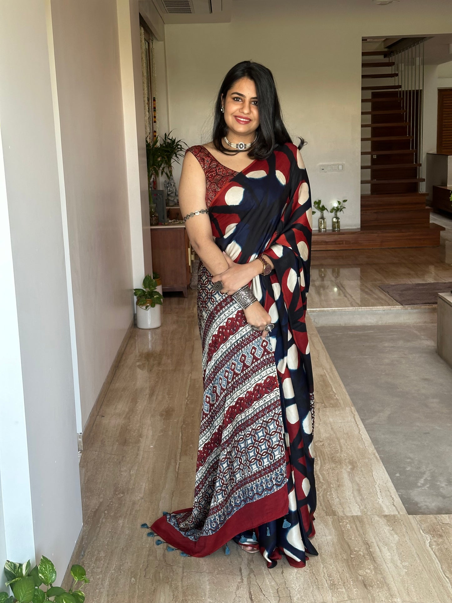 Royal Indigo-Red Ajrakh Blended Modal Saree