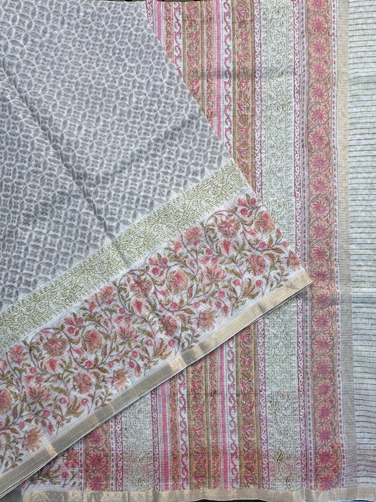 Off White - Grey Block Printed Kota Doria