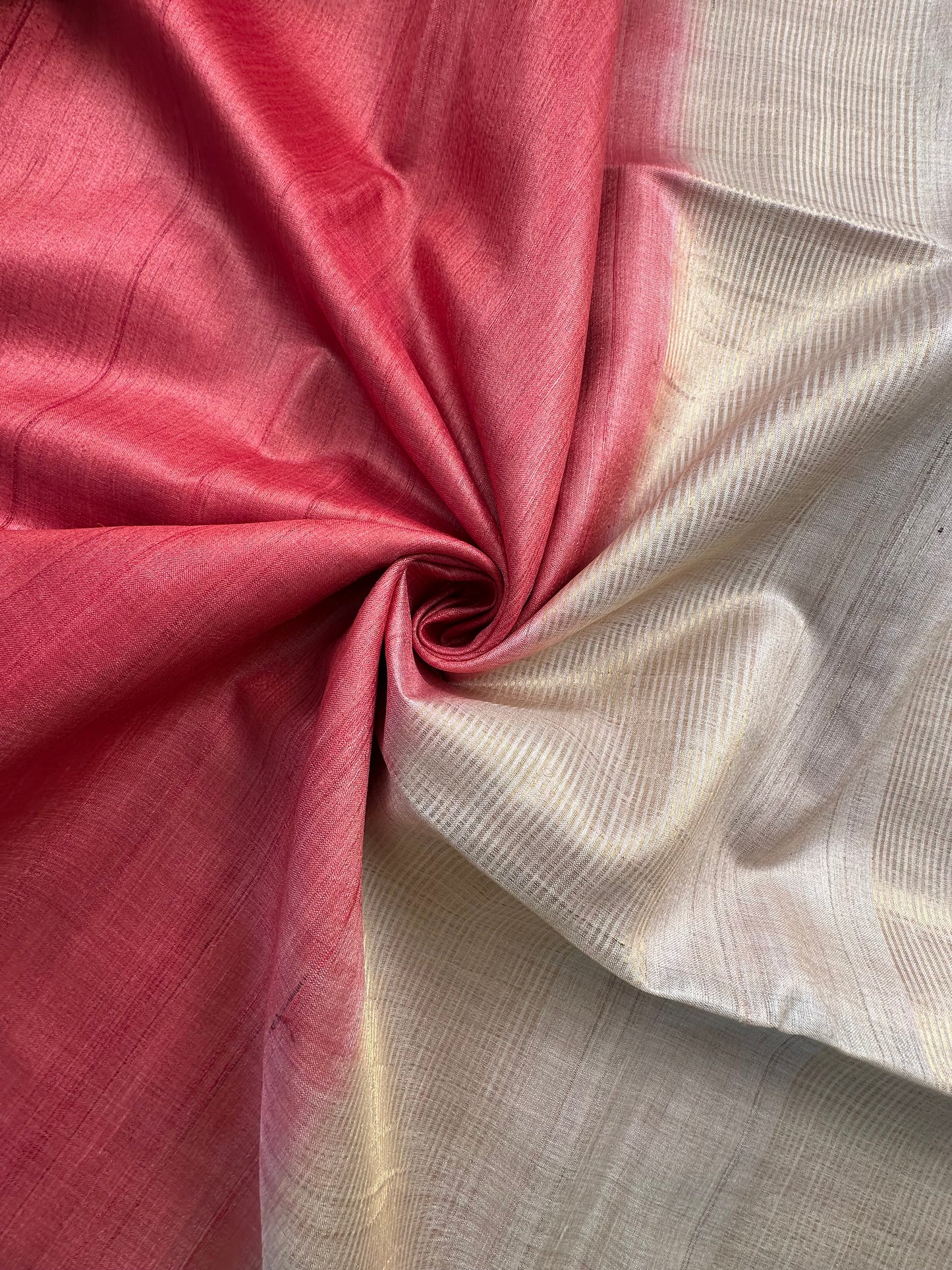 Coral Pink-Beige Handloom Tussar Silk Saree
