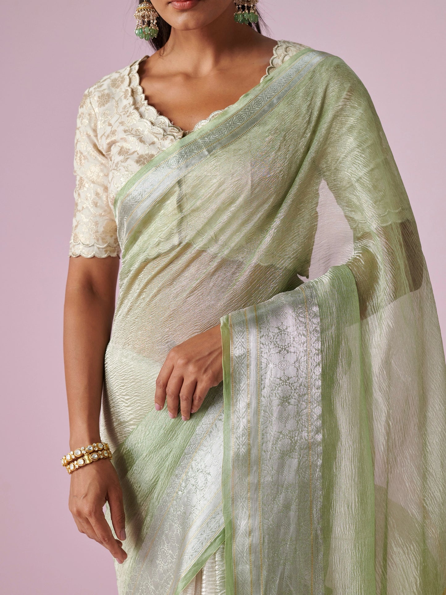 Pista Green Pure Tissue Crush Saree