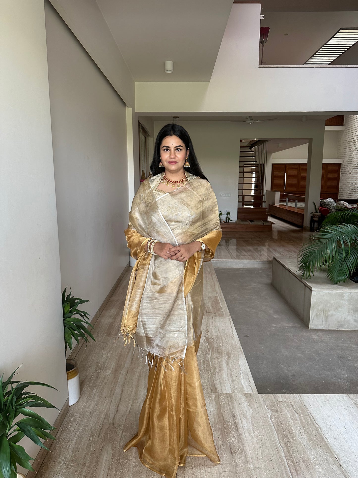 Swarnima Chandrahaas Golden-Silver Tissue Saree