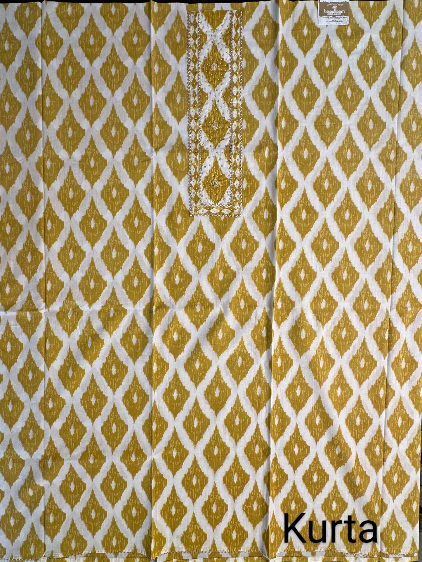 Off White- Mustard Printed Cotton 3-Piece Suit With Hand Painted Dupatta