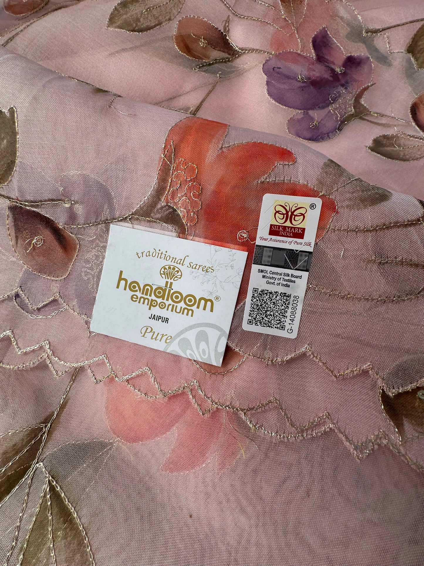 Baby Pink Floral Print Organza Saree