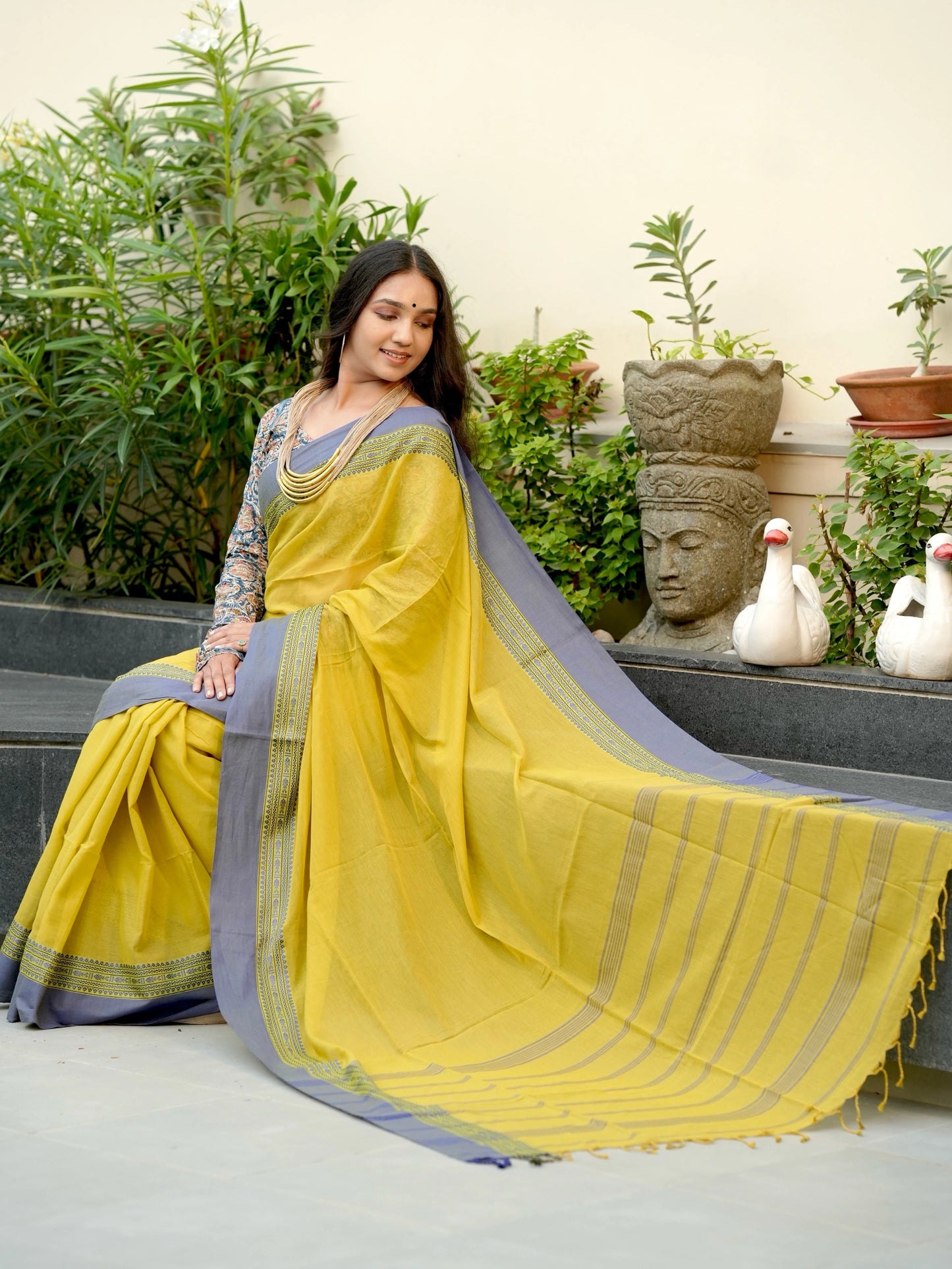 Olive Green-Blue Tripura Cotton Saree