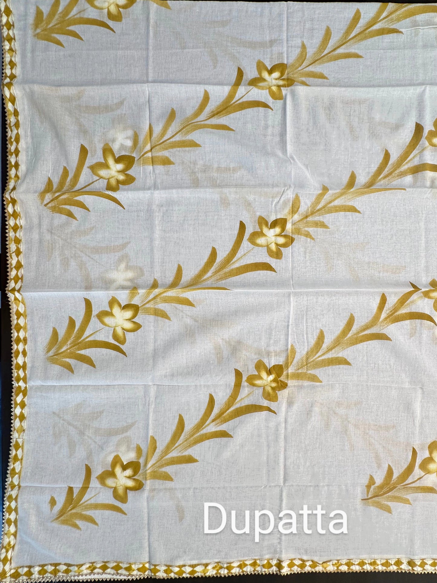 Off White- Mustard Printed Cotton 3-Piece Suit With Hand Painted Dupatta