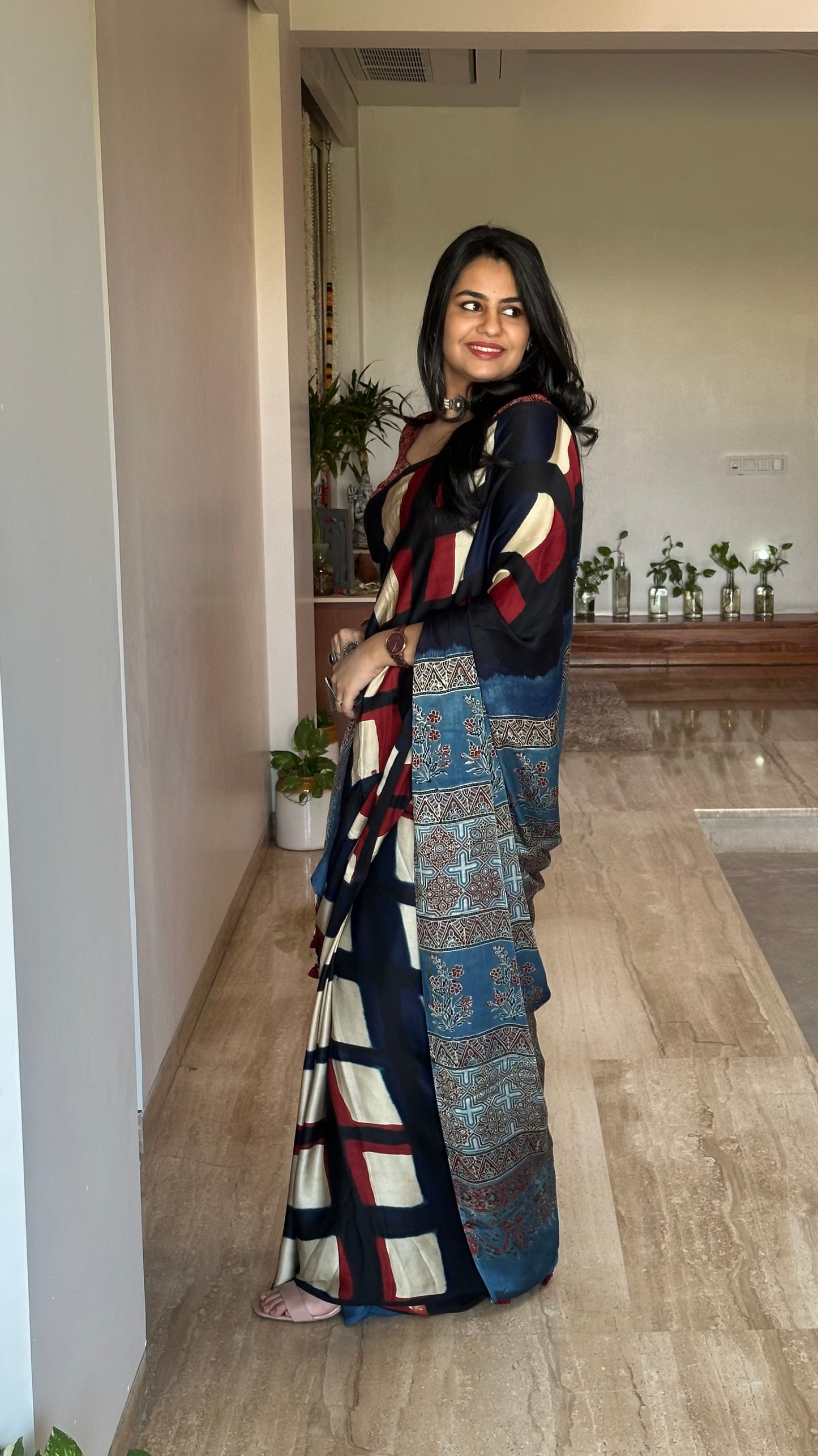 Black Indigo-Blue Ajrakh Blended Modal Saree