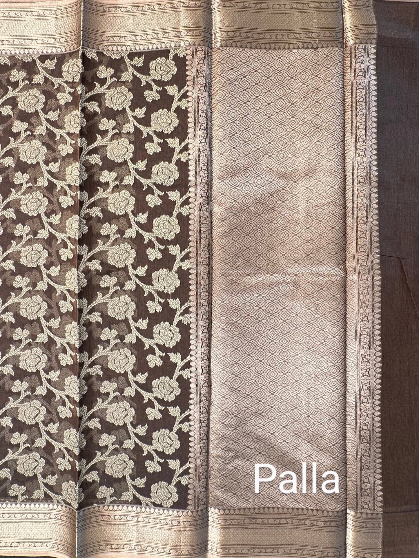 Brown Floral Emboss Chanderi Saree
