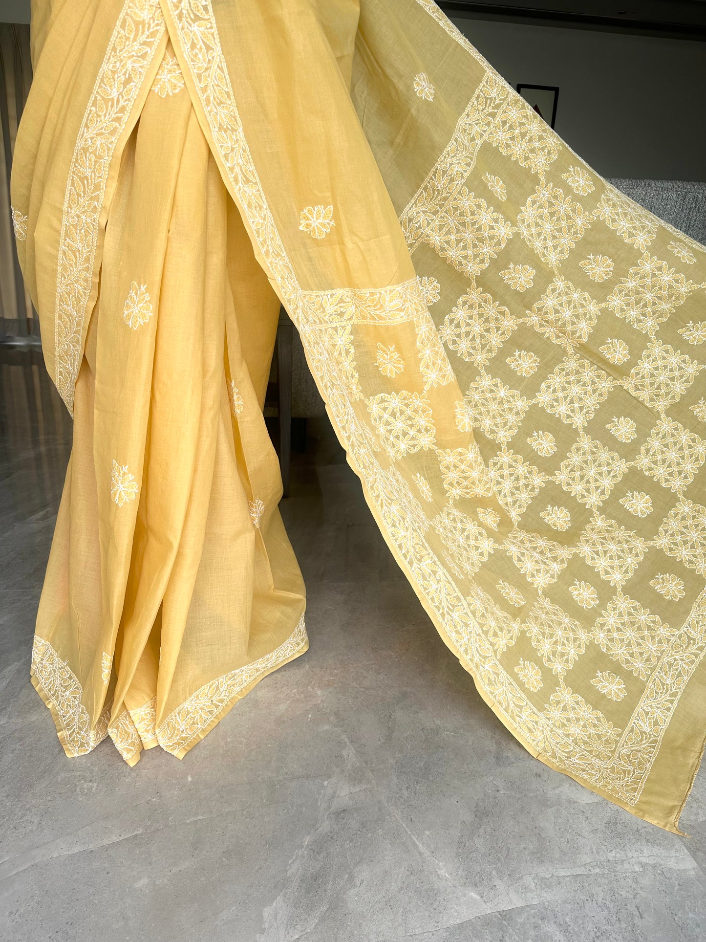 Yellow Chikankari Cotton Saree