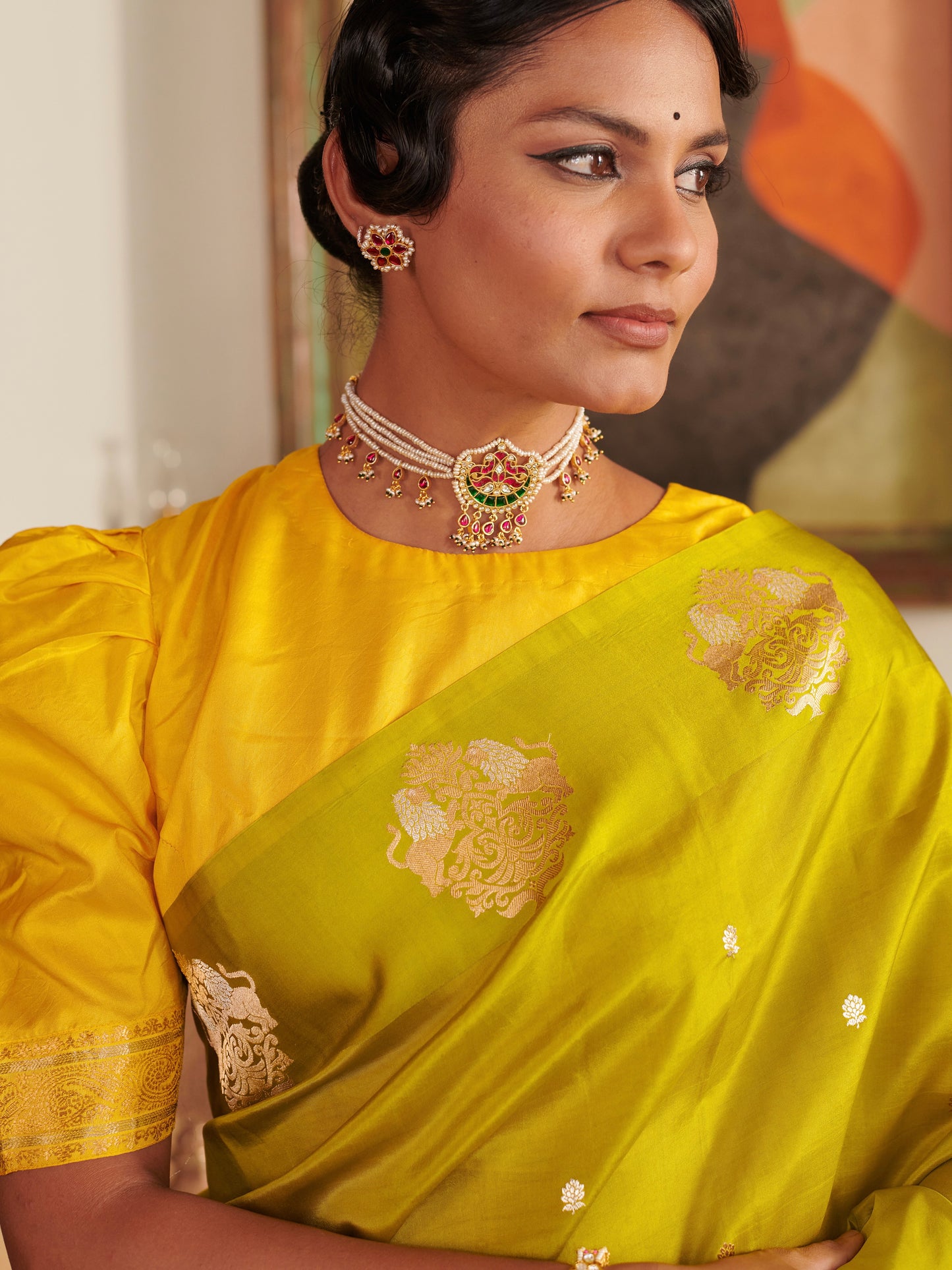 Olive Green Banarasi Satin Saree