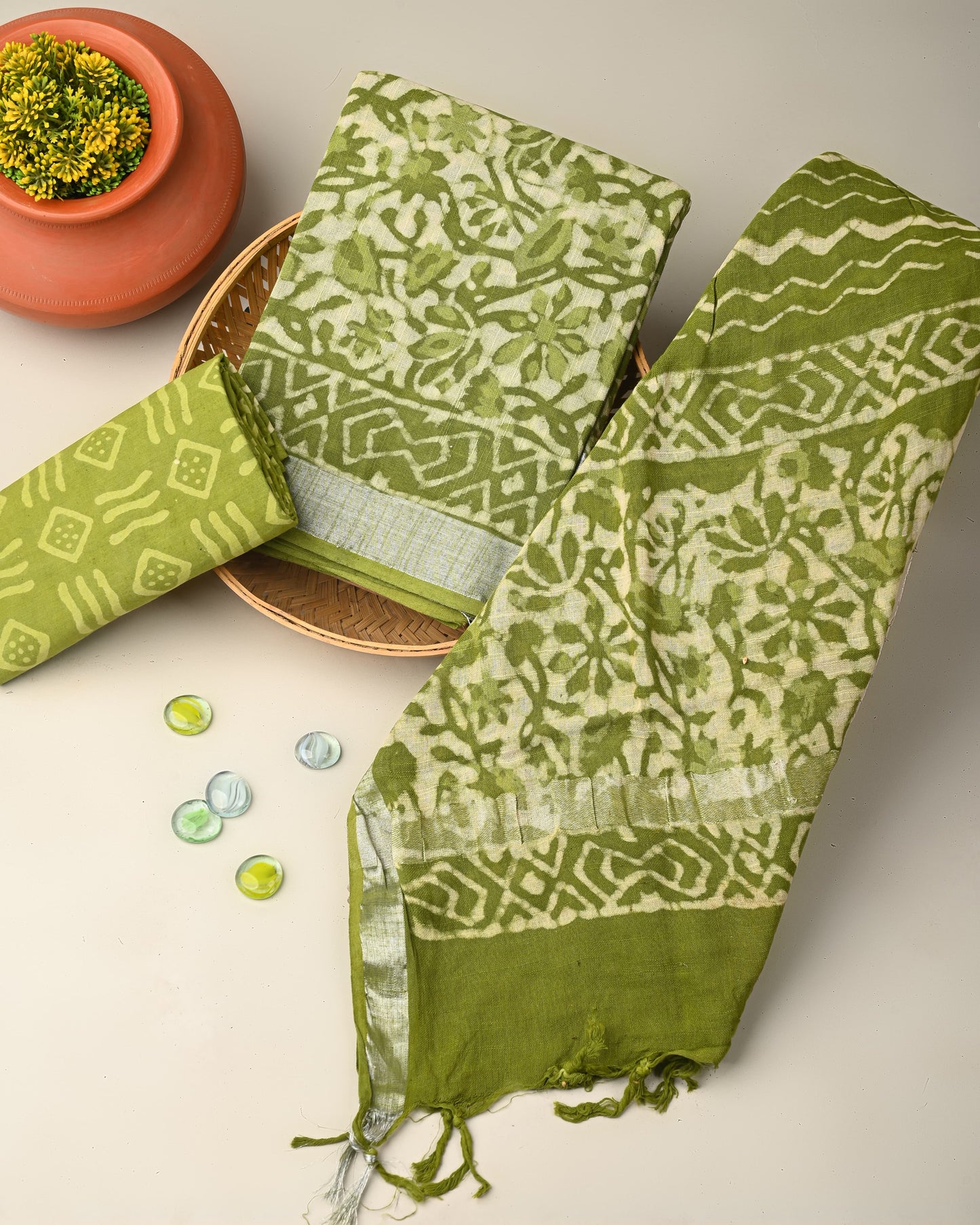 Mehndi Green Linen Printed Suit