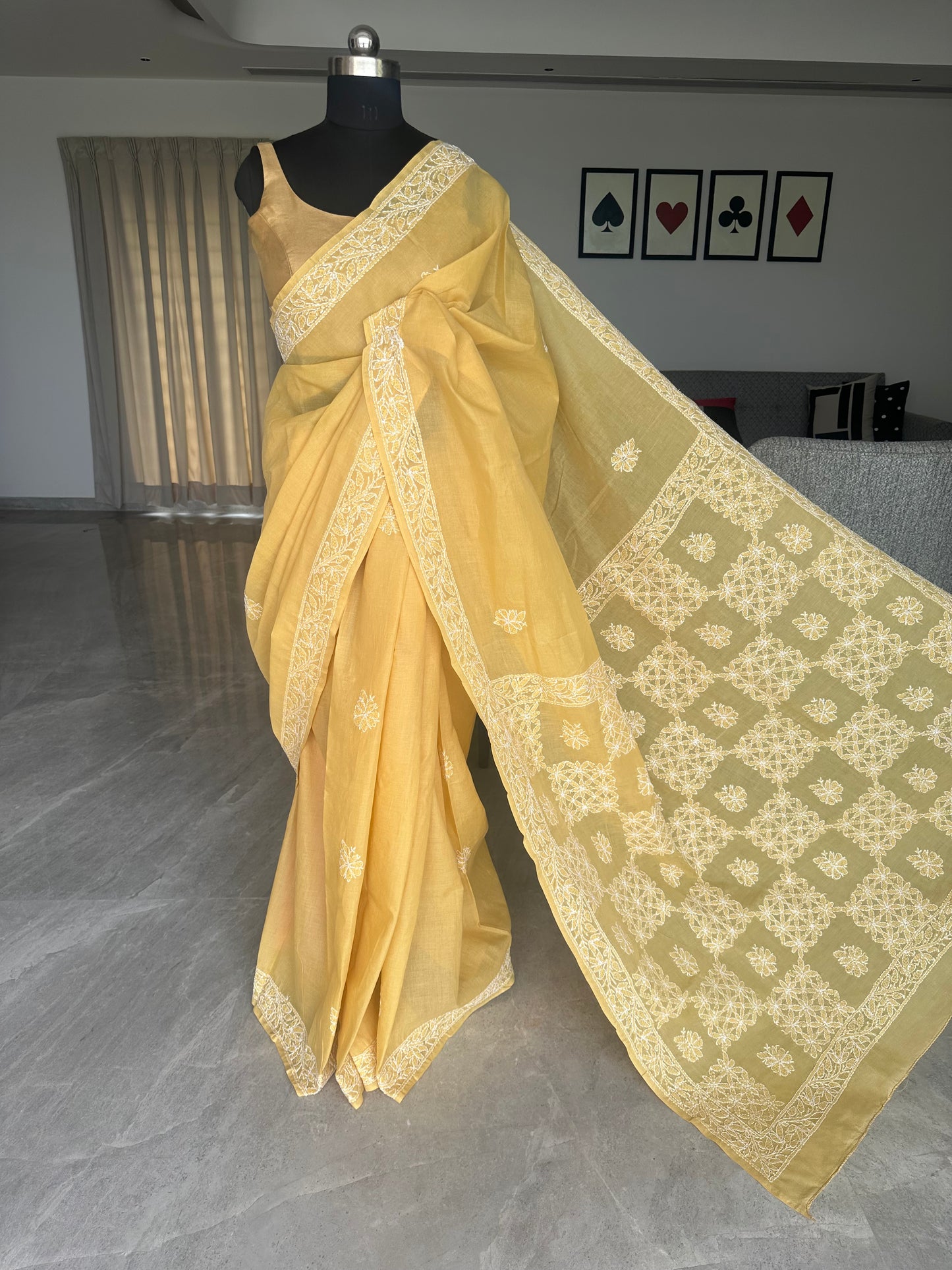 Yellow Chikankari Cotton Saree