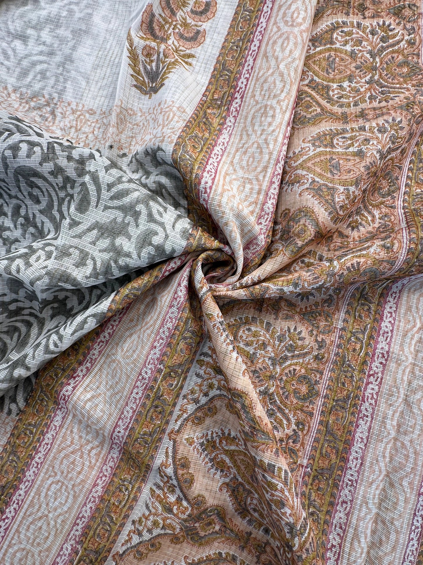 Off White-Dark Grey Block Printed Kota Doria Cotton Saree
