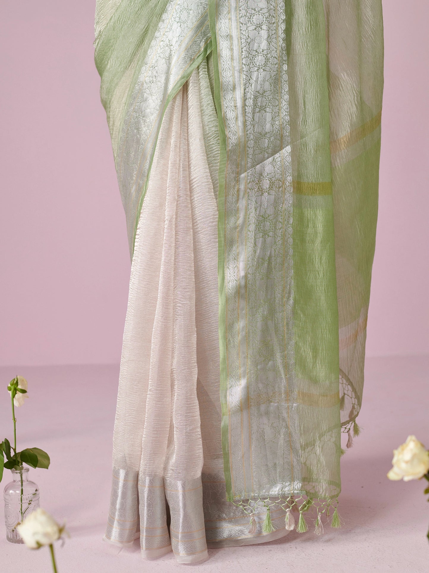 Pista Green Pure Tissue Crush Saree