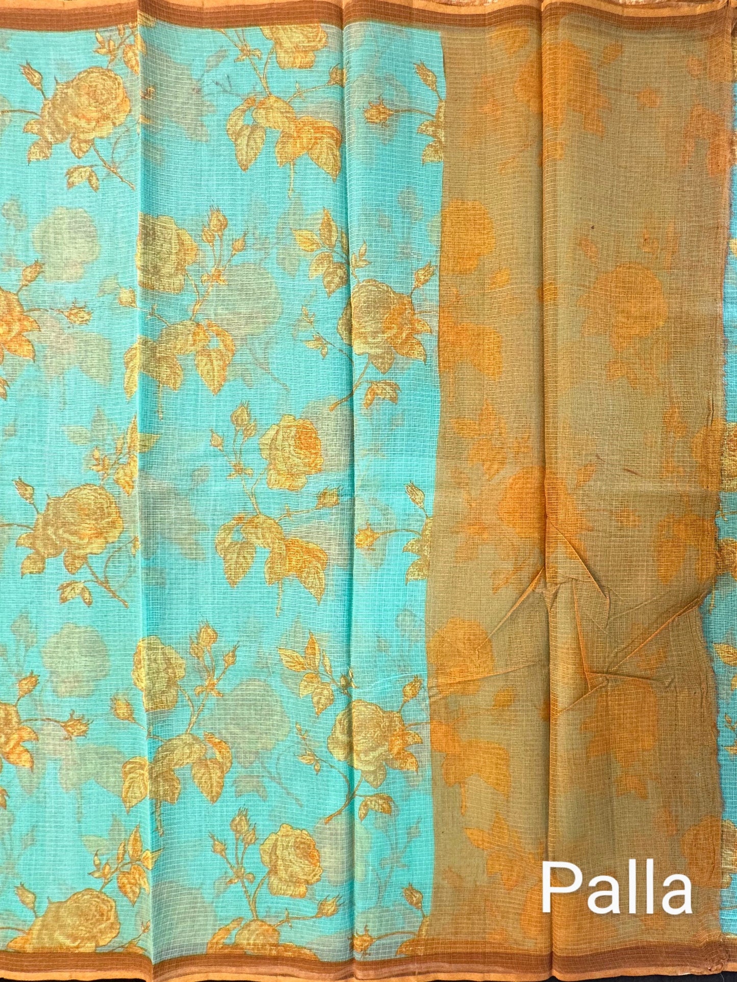 Sea Green Floral Print Kota Doria Cotton Saree