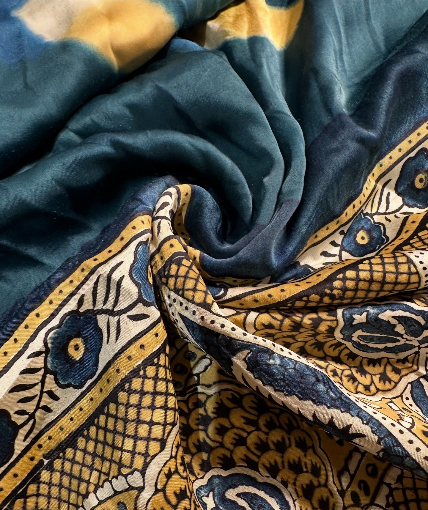 Peacock Blue-Yellow Ajrakh Blended Modal Saree